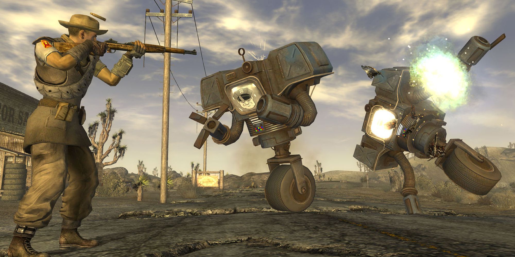 Shooting New Vegas robots with a rifle in New Vegas (Steam).