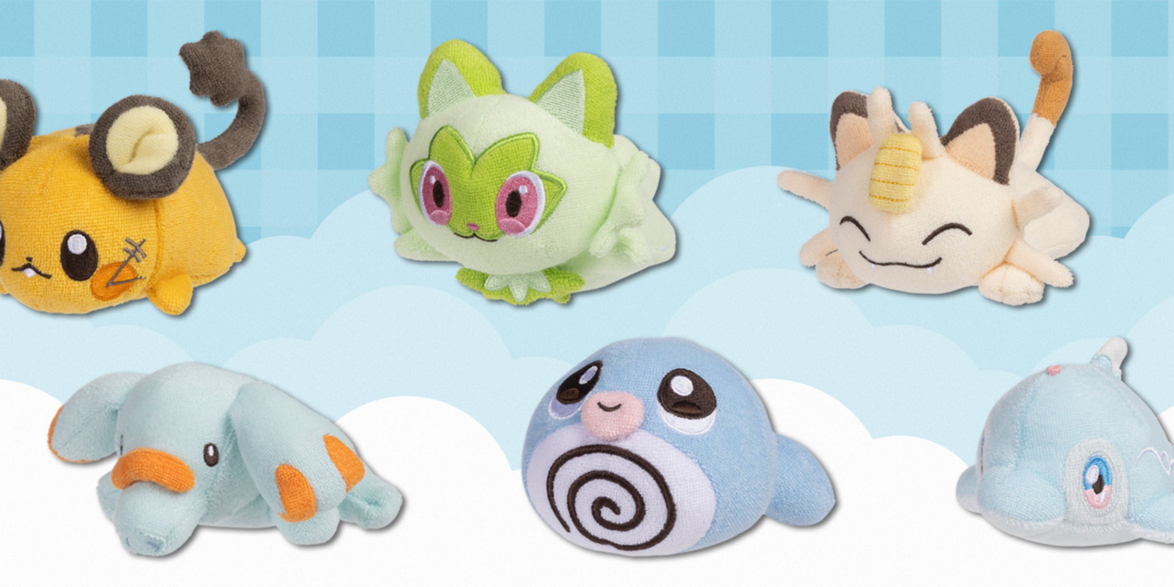 dedenne, sprigatito, meowth, phanphy, poliwag, and palafin comfy cuddlers plushes