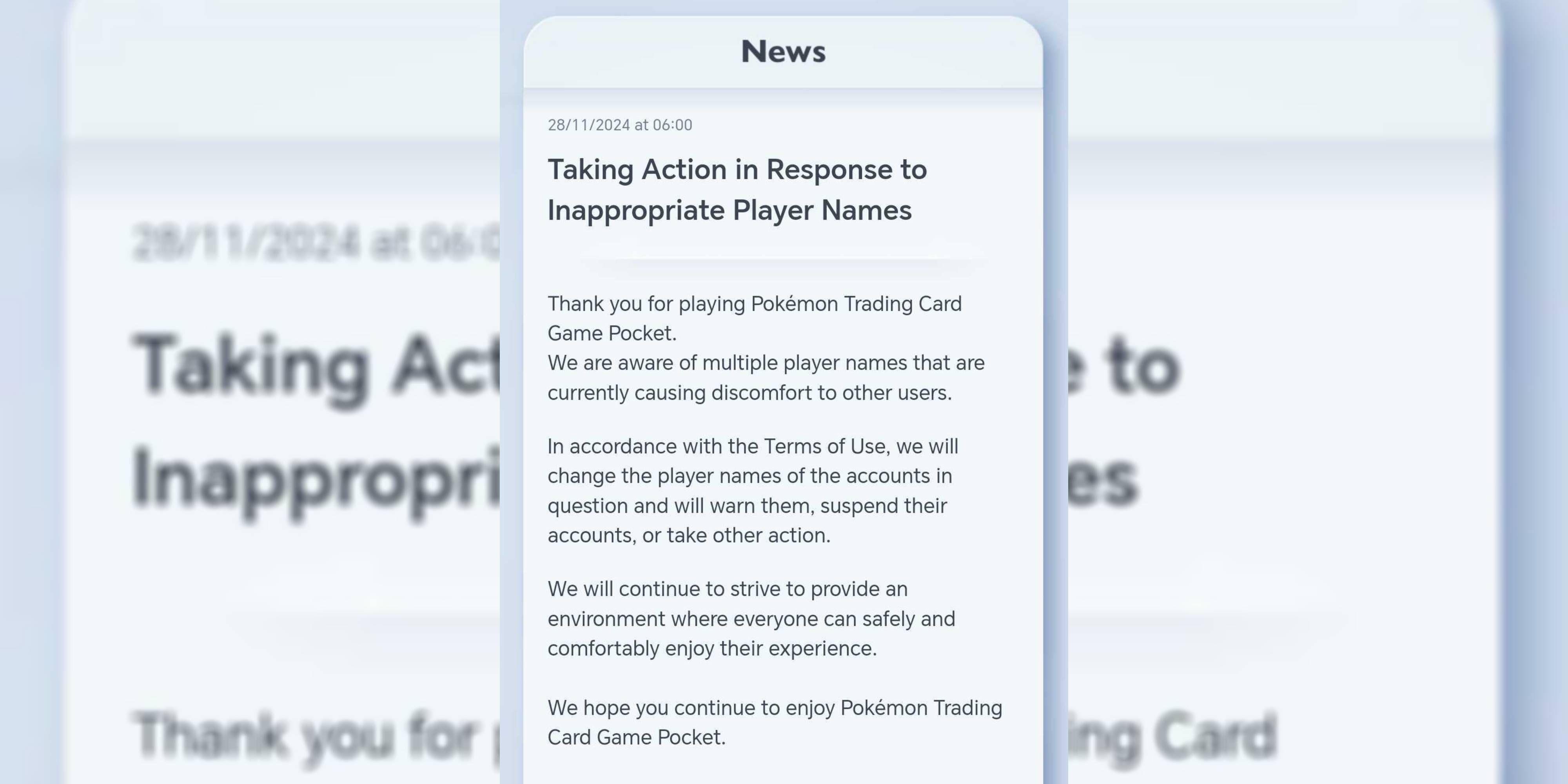 pokemon tcg pocket in-app warning about offensive usernames.