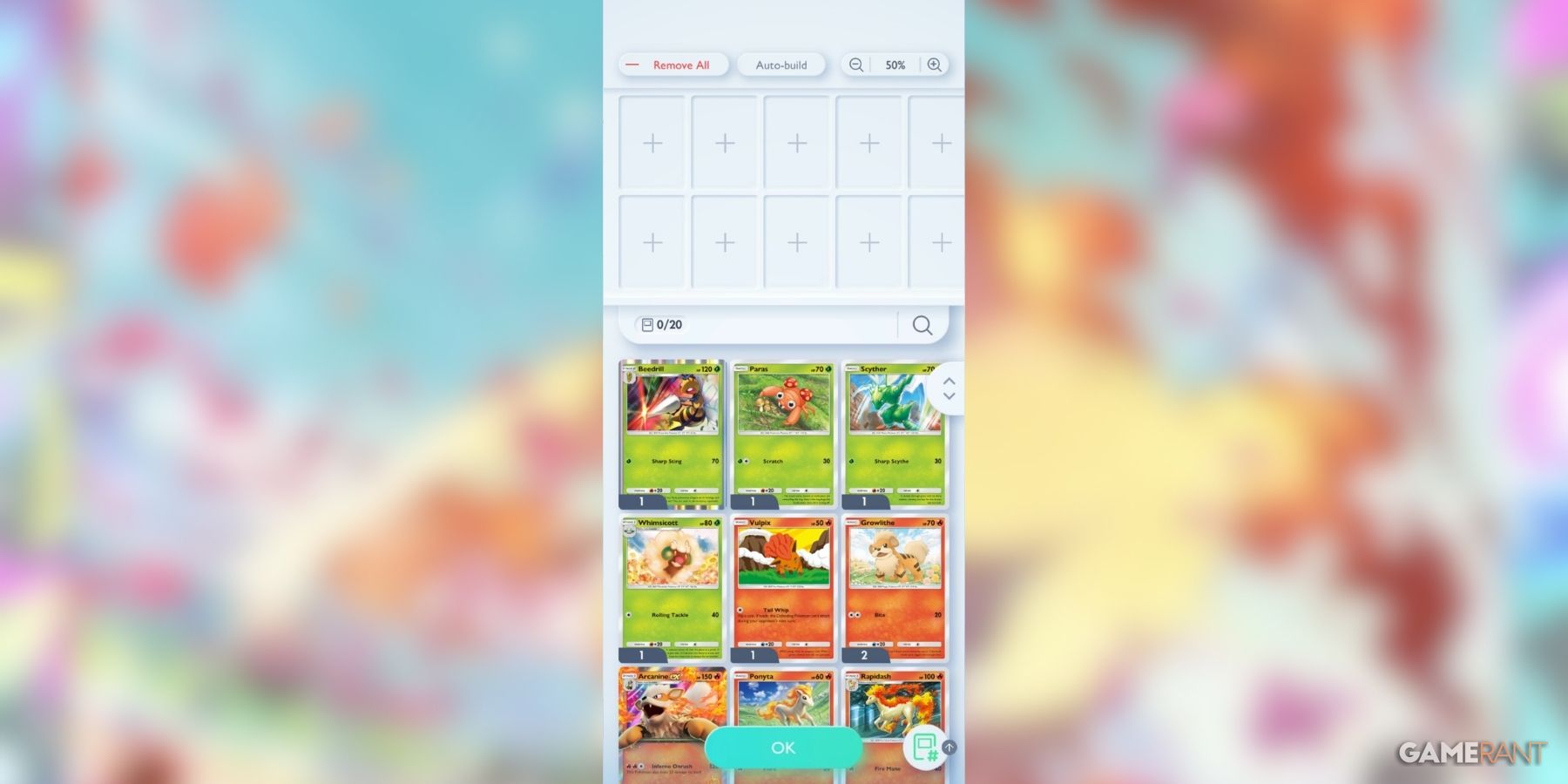 Deck building screen with various Pokemon cards, empty slots for customization in Pokemon TCG Pocket