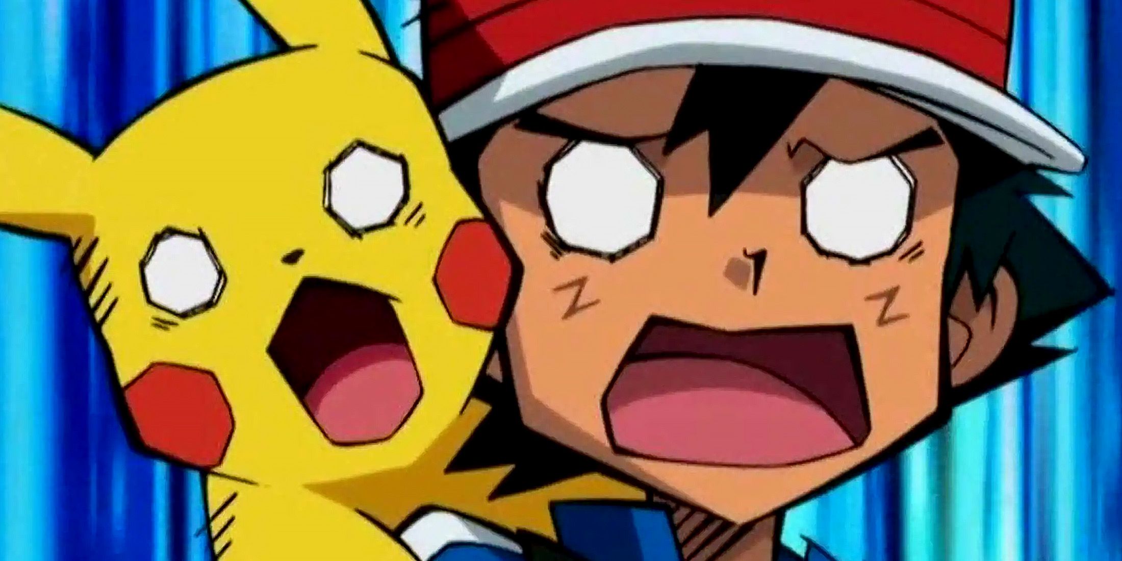 Ash Ketchum and Pikachu shocked white eyes Pokemon anime still frame 2x1 crop