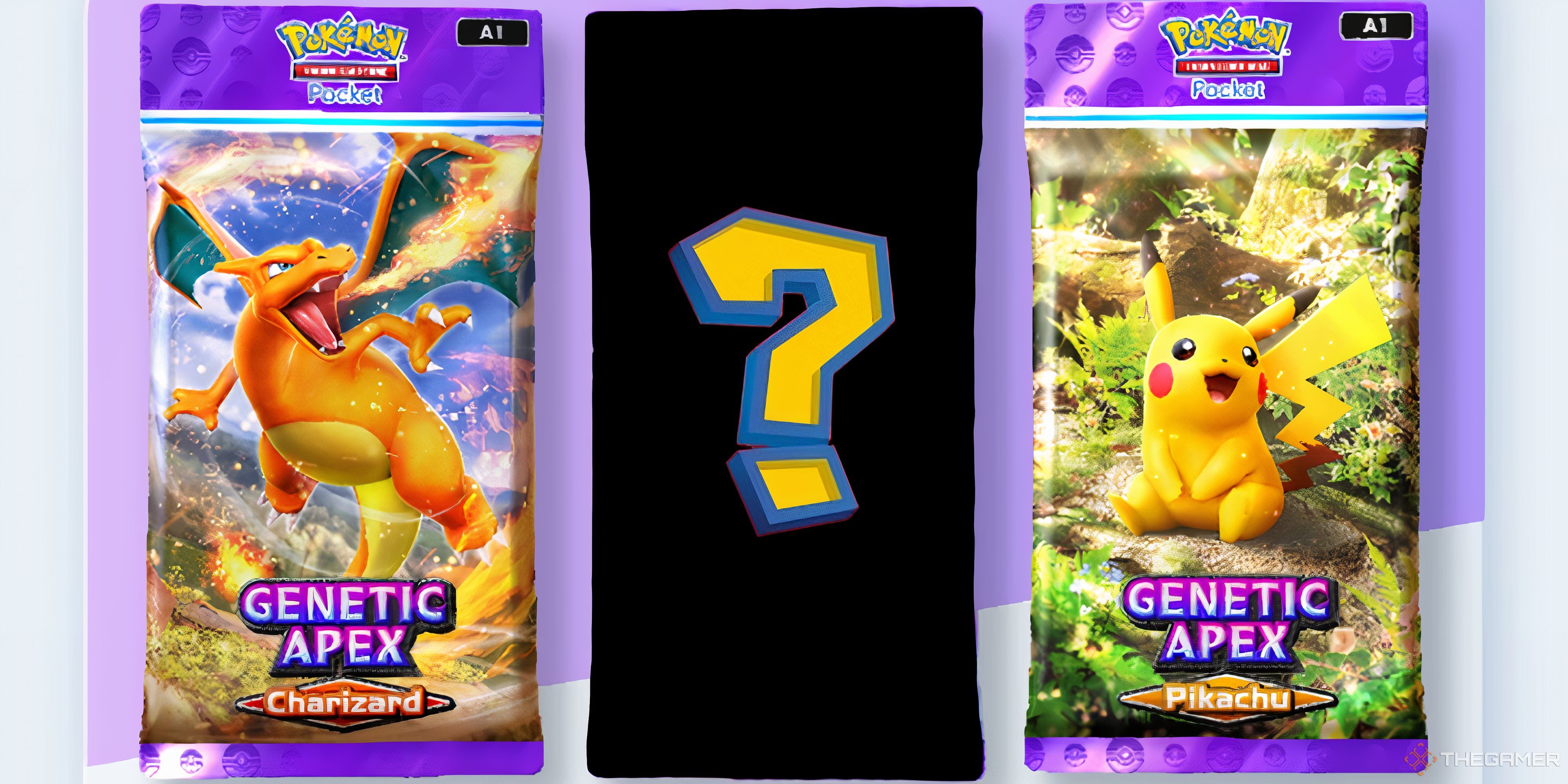 charizard and pikachu packs in pokemon tcg pocket with a mystery pack in the middle.