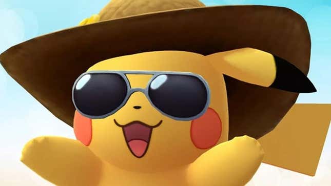 Pikachu in sunglasses and a straw-hat hides from the sun. 