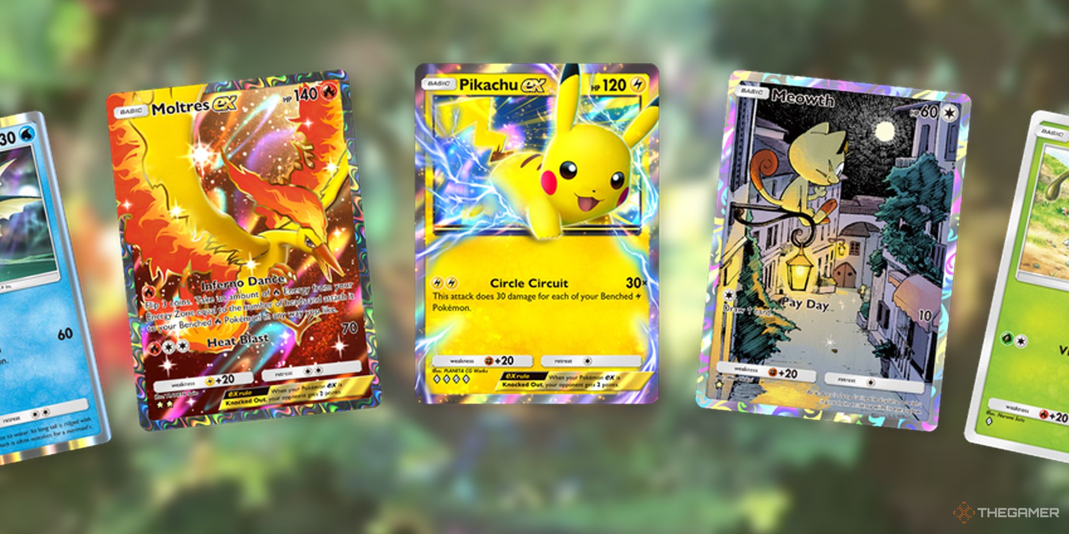 A series of Pokemon cards, including Moltres EX, Pikachu EX, and Meowth set on a subdued green background.