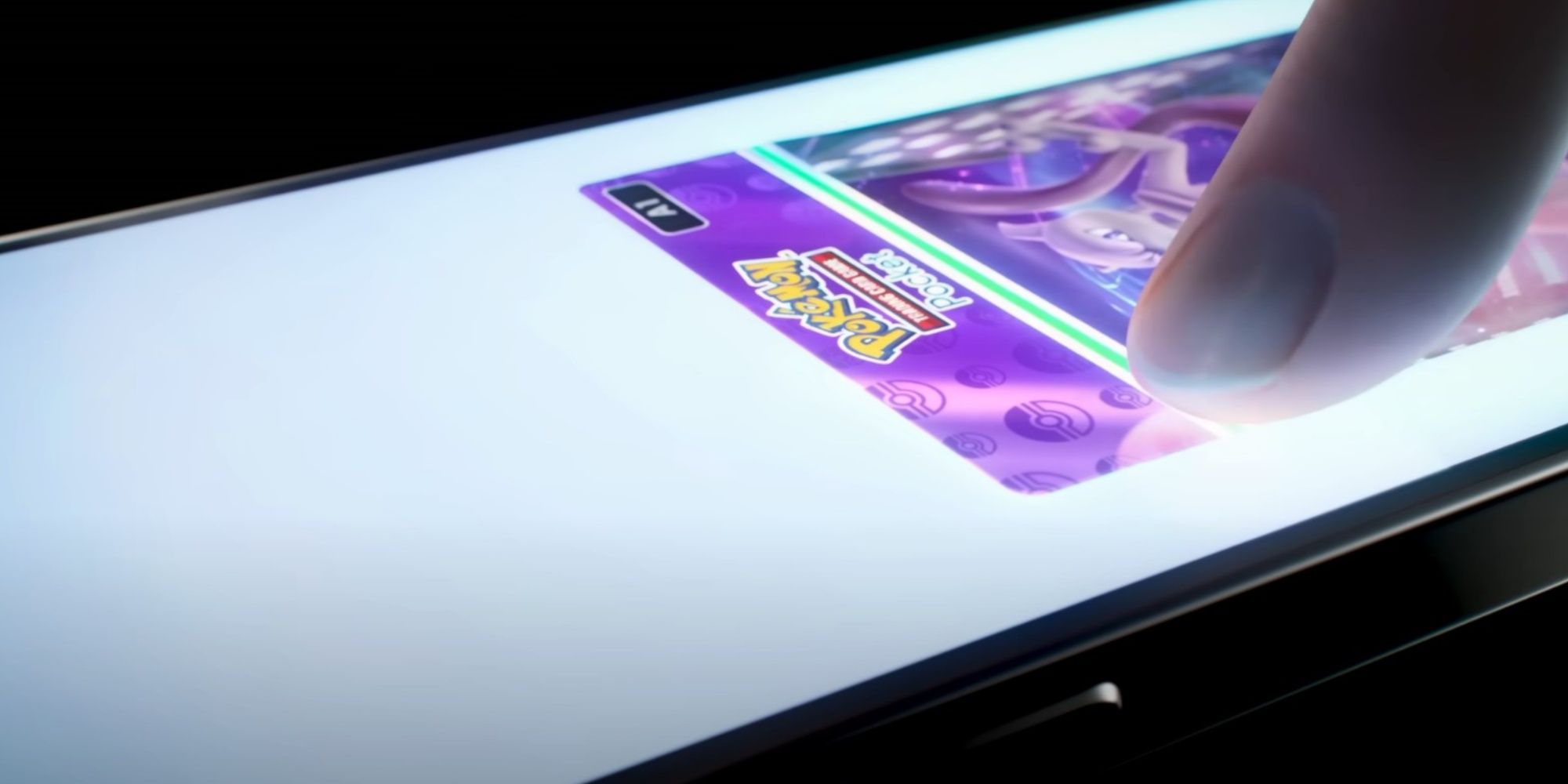 a closeup image of someone opening a pack in Pokemon TCG Pocket on a smartphone.