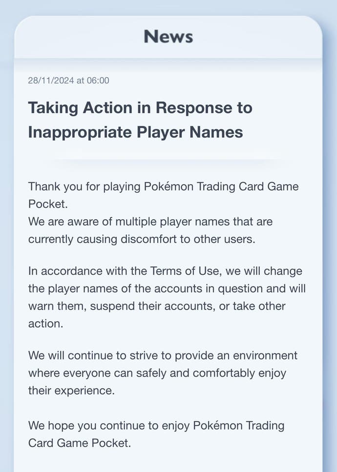 The Pokémon TCG Pocket statement on unsuitable usernames.