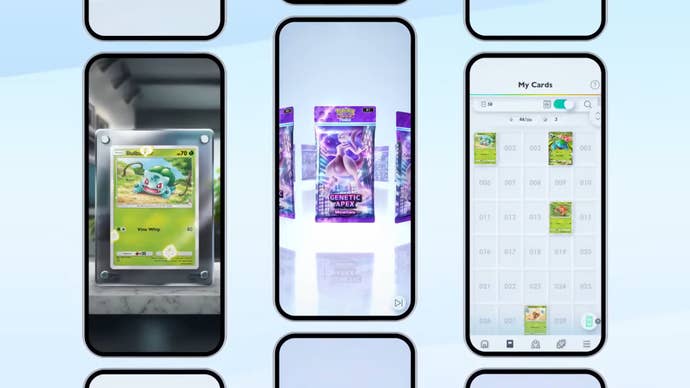 Three phones showing Pokemon TCG Pocket cards or booster packs are shown in the game's official gameplay trailer