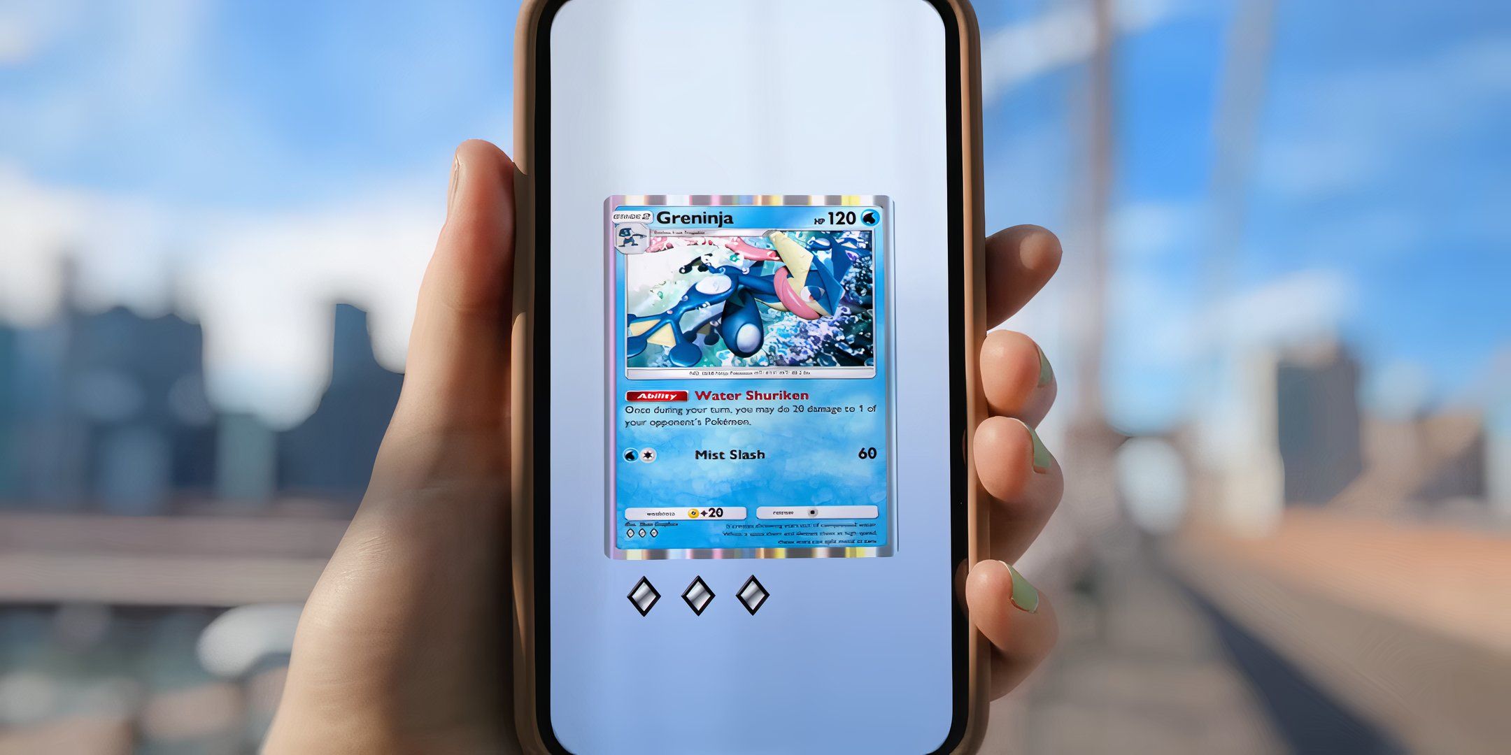 Pokémon TCG Pocket player holding phone up in front of city featuring greninja