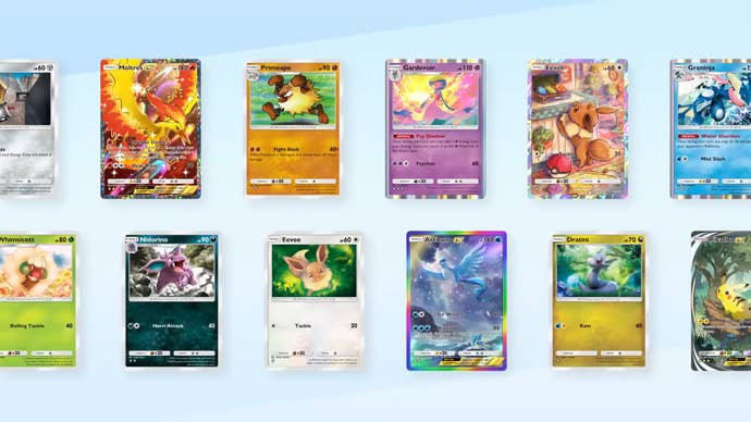 Multiple cards available in Pokemon TCG Pocket are shown in the game's official gameplay trailer