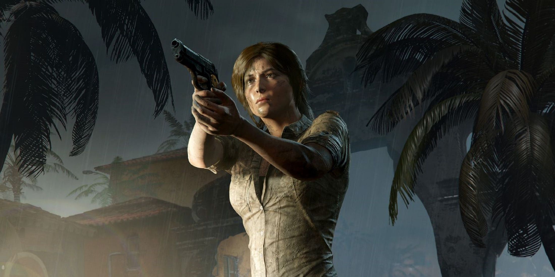 Lara Croft, from Shadow of the Tomb Raider, stands while aiming a handgun