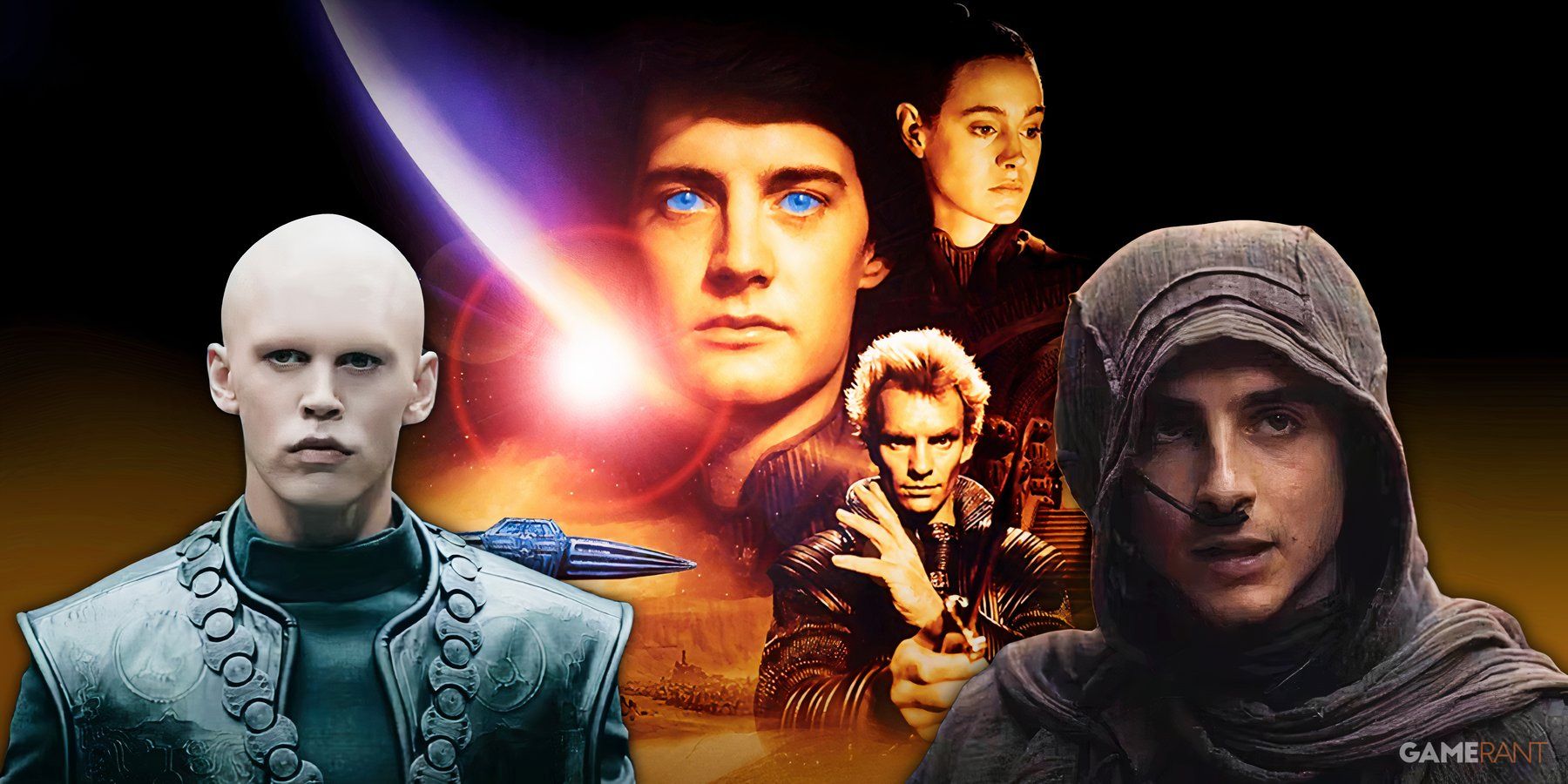 david lynch dune 1984 poster, timothee chalamet and austin butler in dune part one and part two, kyle maclachlan, sean young, sting