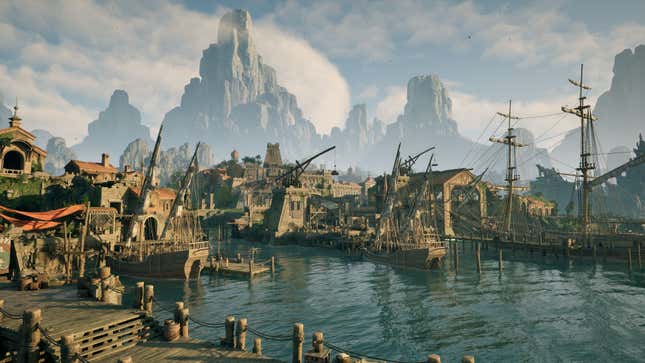 A scene of Dawnshore's port, with large wooden ships and stone buildings.