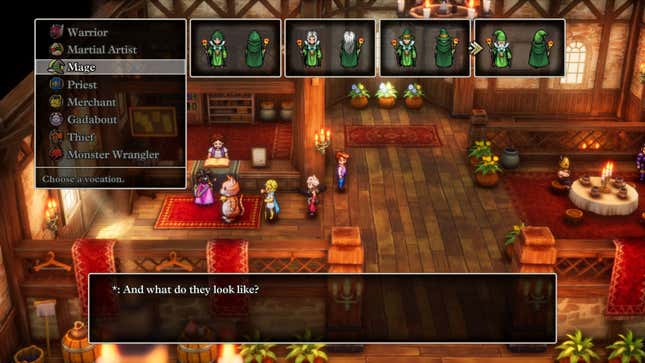 A screenshot from Dragon Quest III HD-2D Remake. A menu displays the Mage character class, which is seen wearing a green robe.