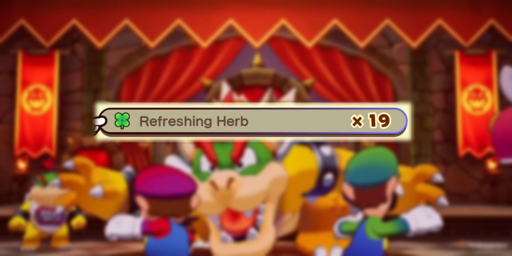 Blurred Mario & Luigi Brothership background with Refreshing Herb icon.