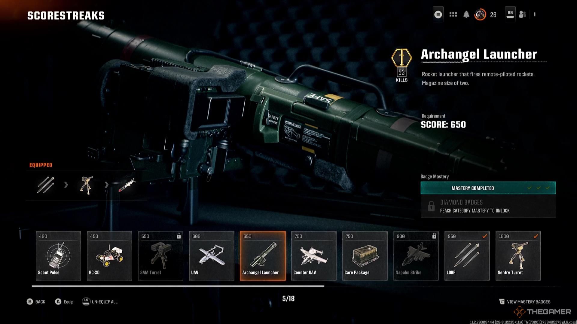 The Archangel Launcher in the Scorestreak menu of Call of Duty: Black Ops 6.