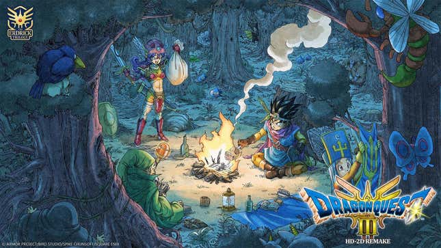 Four humans dressed in fantasy attire sit around a campfire. Blue slimes can be seen in the distance.