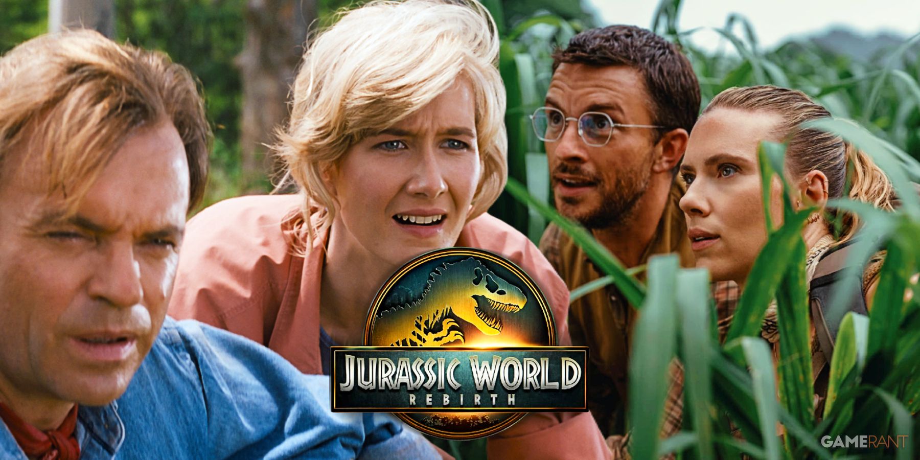 sam neill and laura dern in jurassic park (1993), scarlett johansson and jonathan bailey in jurassic world: rebirth