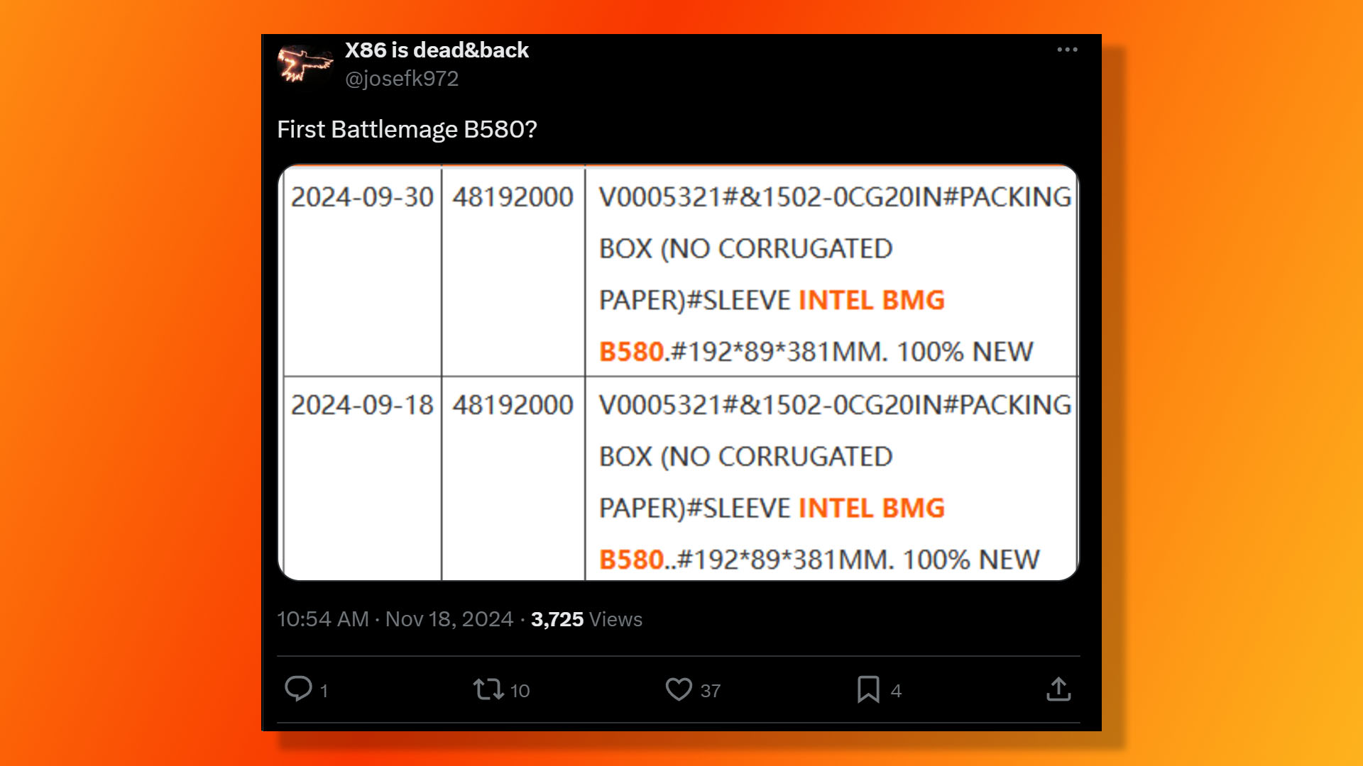 Intel Battlemage 580 in shipping manifest, screenshot of a post on X by josefk972. 