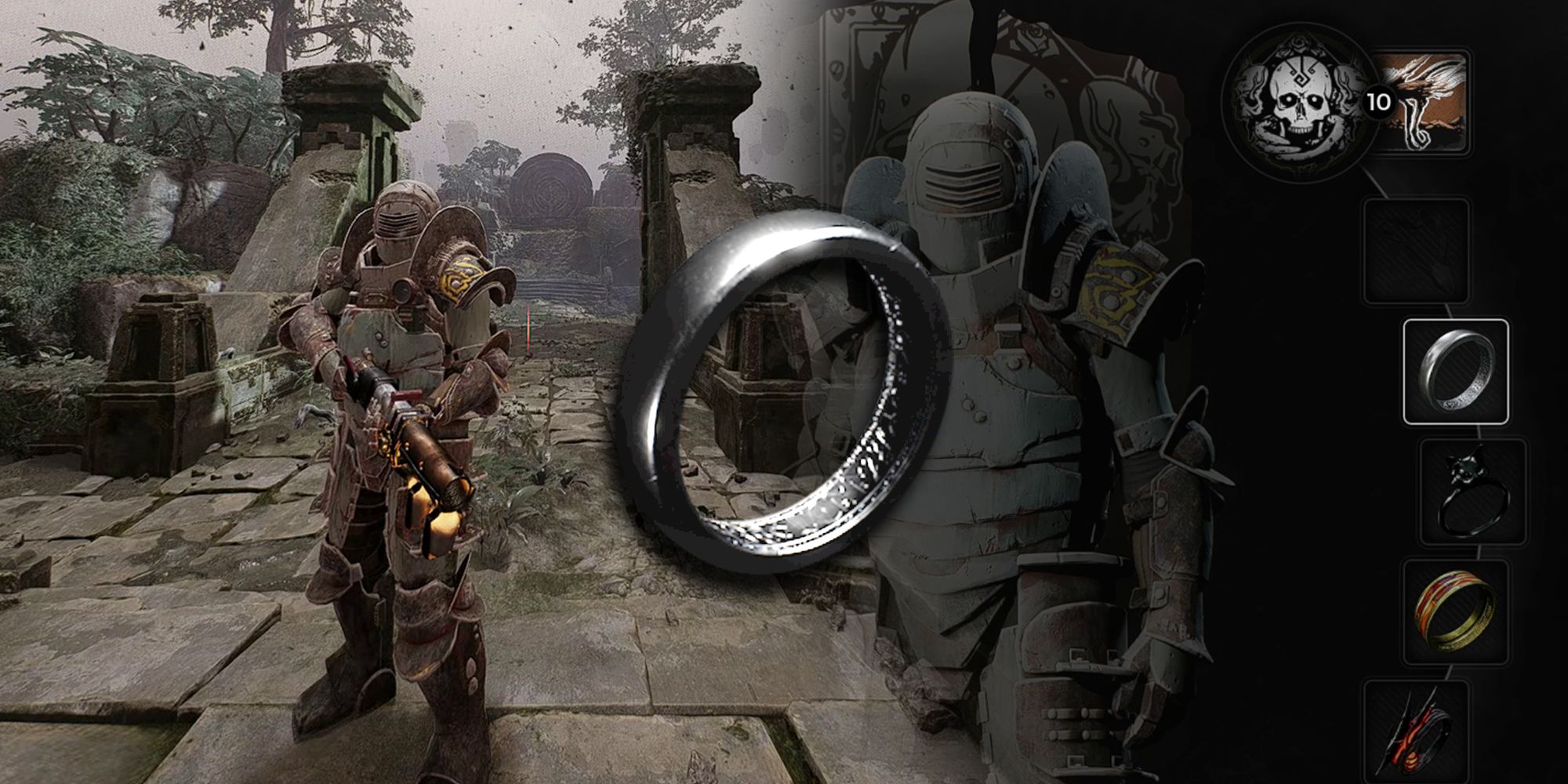 Remnant 2 - Leot Armor Being Worn Next To Image Of Equipping Bright Steel Ring With Ring PNG On Top