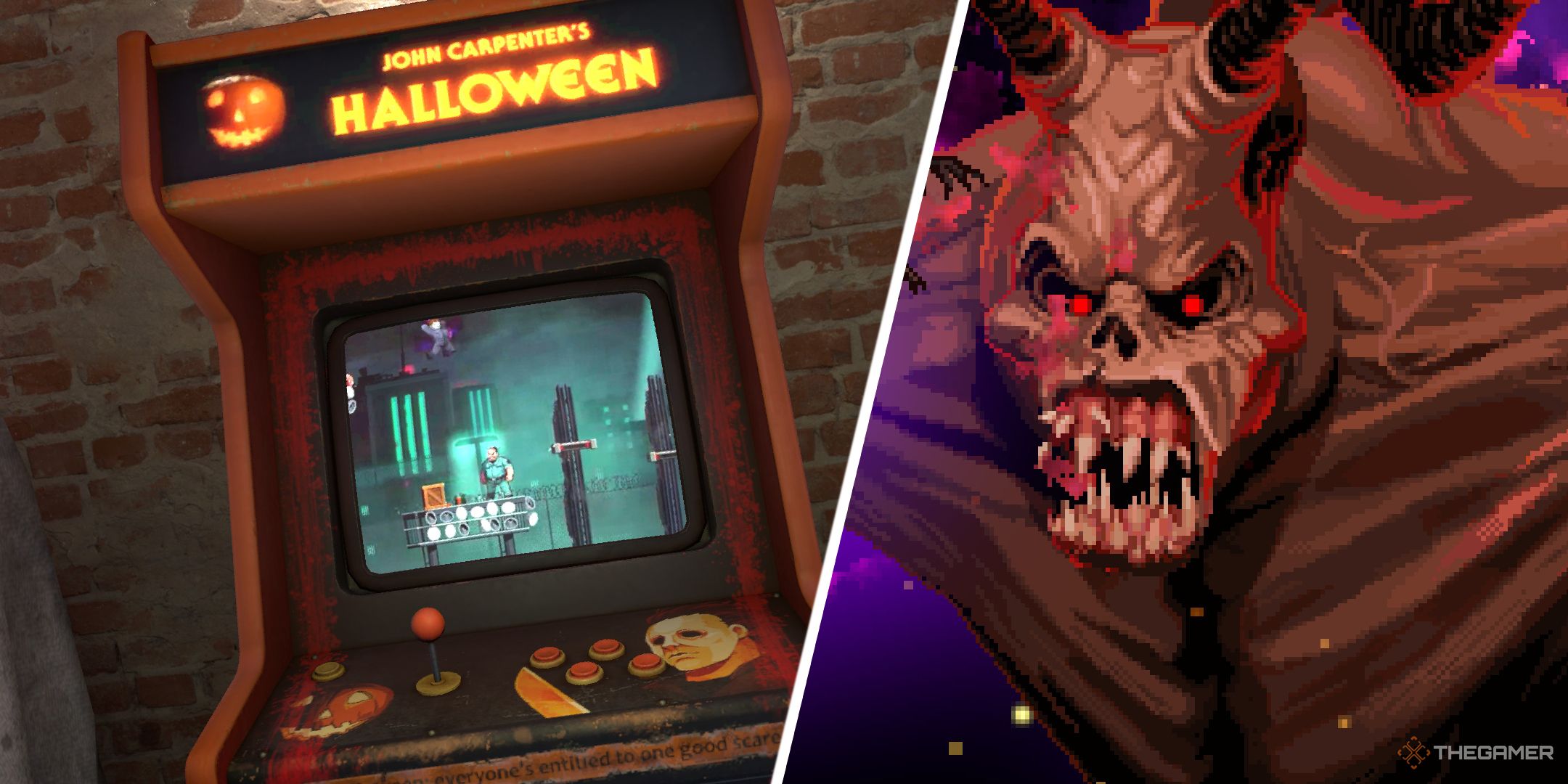 A split image showing RetroRealms' Halloween and Ash vs. Evil Dead cabinets.