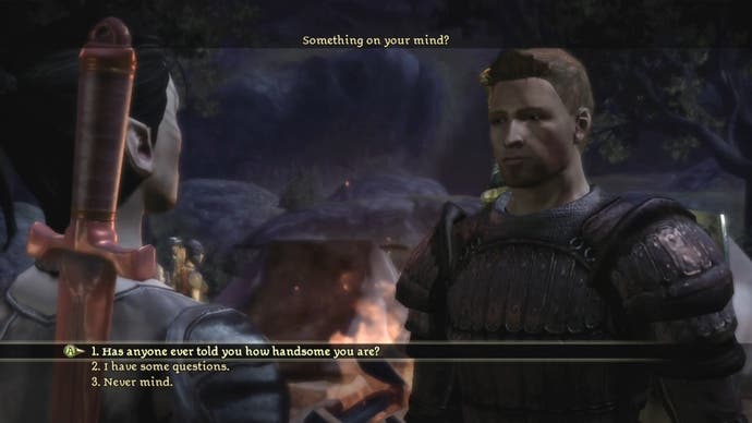 Close up of an Elf protagonist speaking with Alistair at camp in Dragon Age: Origins.