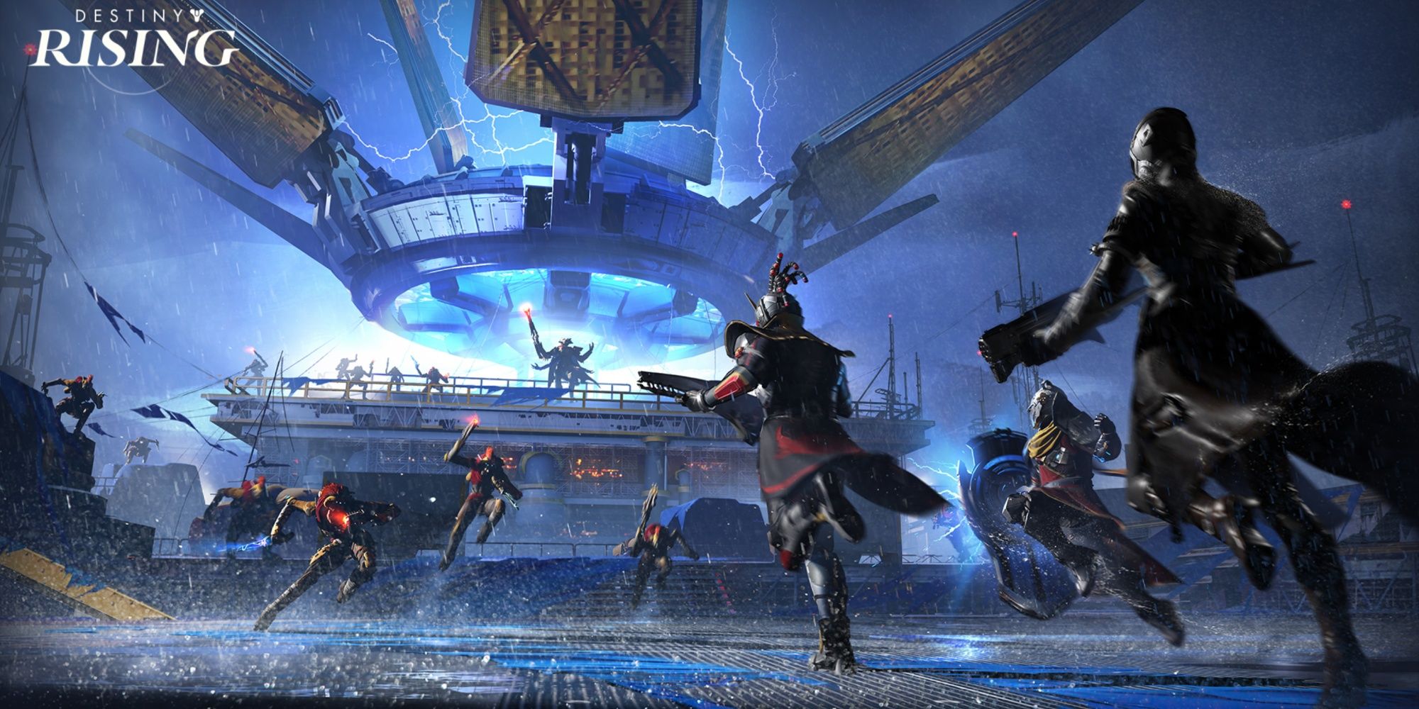 Destiny: Rising promo art showing Guardiuans storming towards a group of Fallen during a stormy night