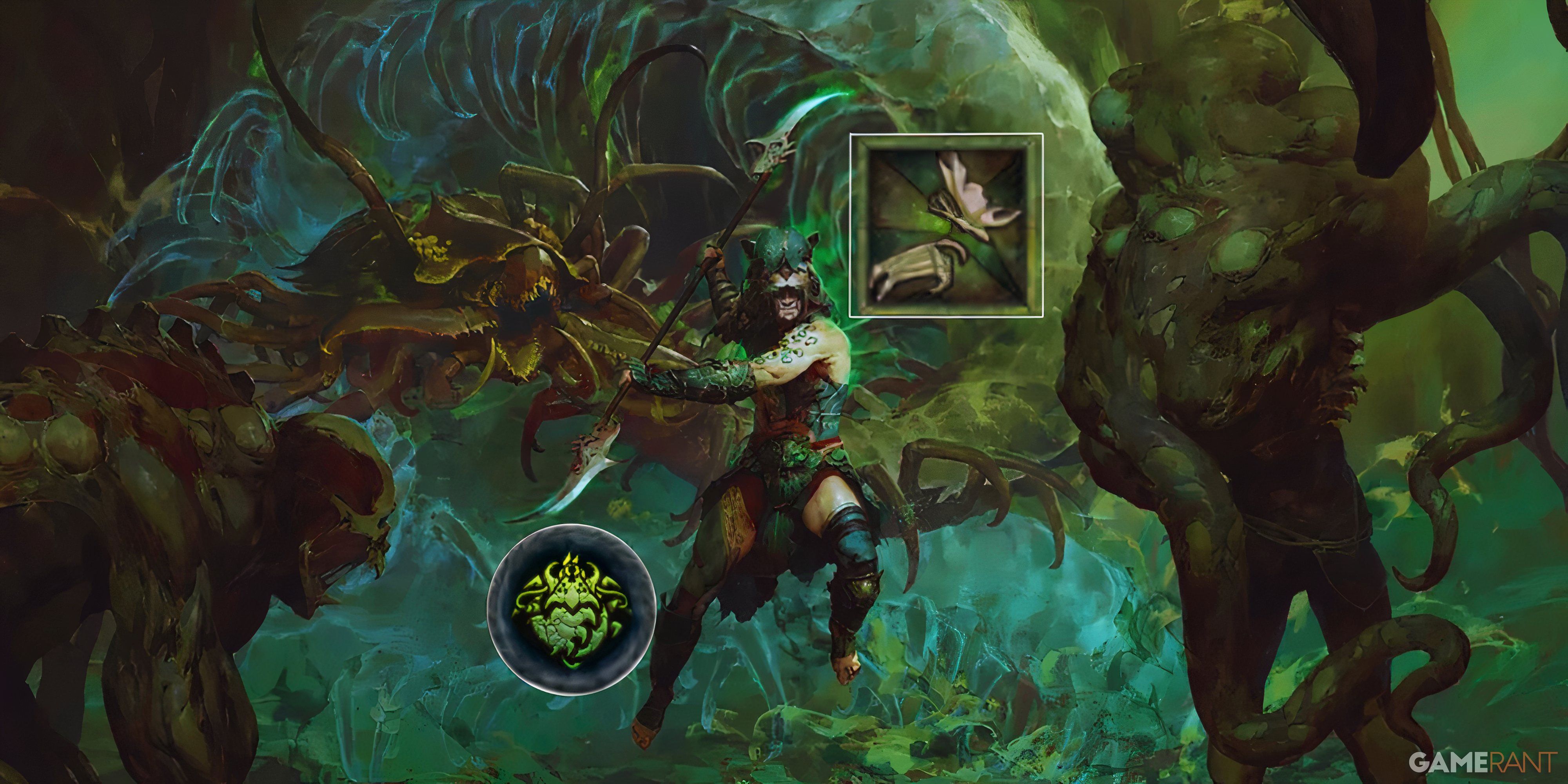 A spiritborn fighting with the Centipede spirit next to the icon for Touch of death