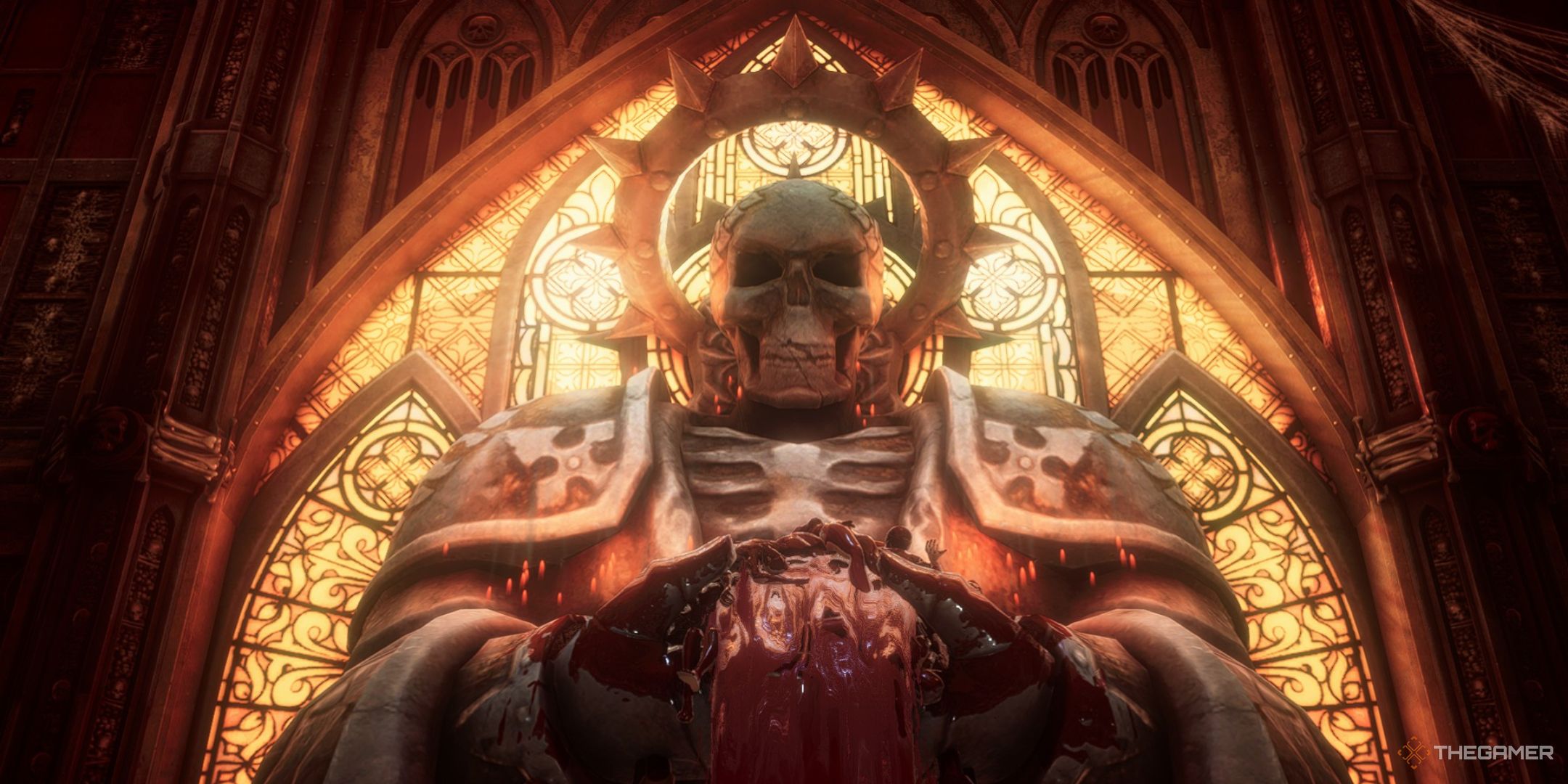 A statue of the Emperor as the Undying One in the Temple of the Bloodspun Web in Warhammer 40k: Rogue Trader.