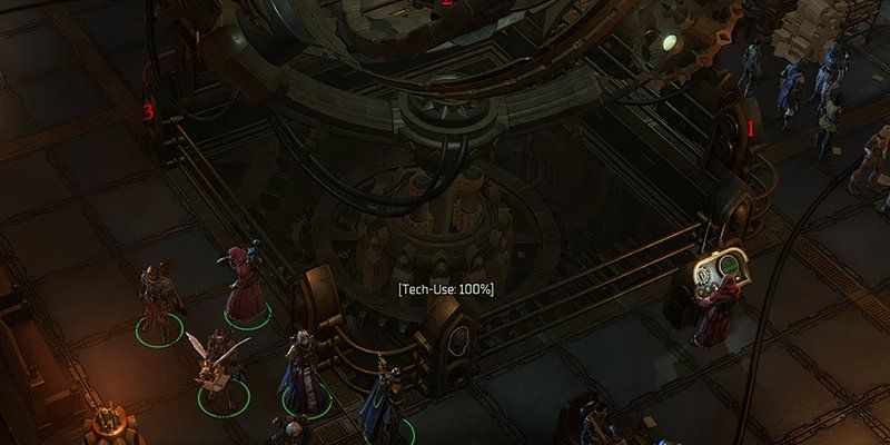 A valve in the Officer's Deck of Warhammer 40,000: Rogue Trader's Void Shadow's DLC with the members of the party stading around it.