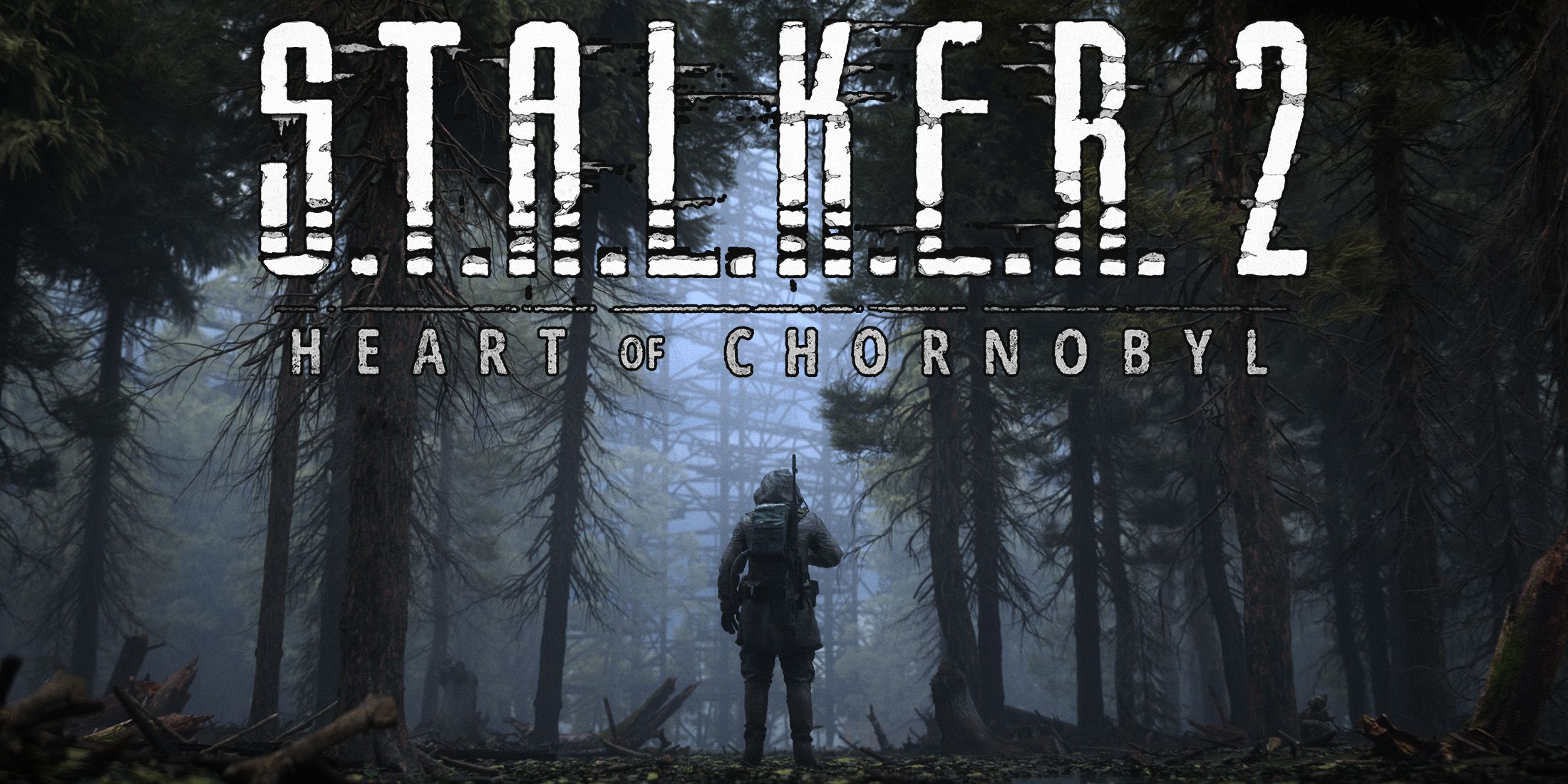 STALKER 2 Heart of Chornobyl promo forest screenshot with game logo 2x1 composite