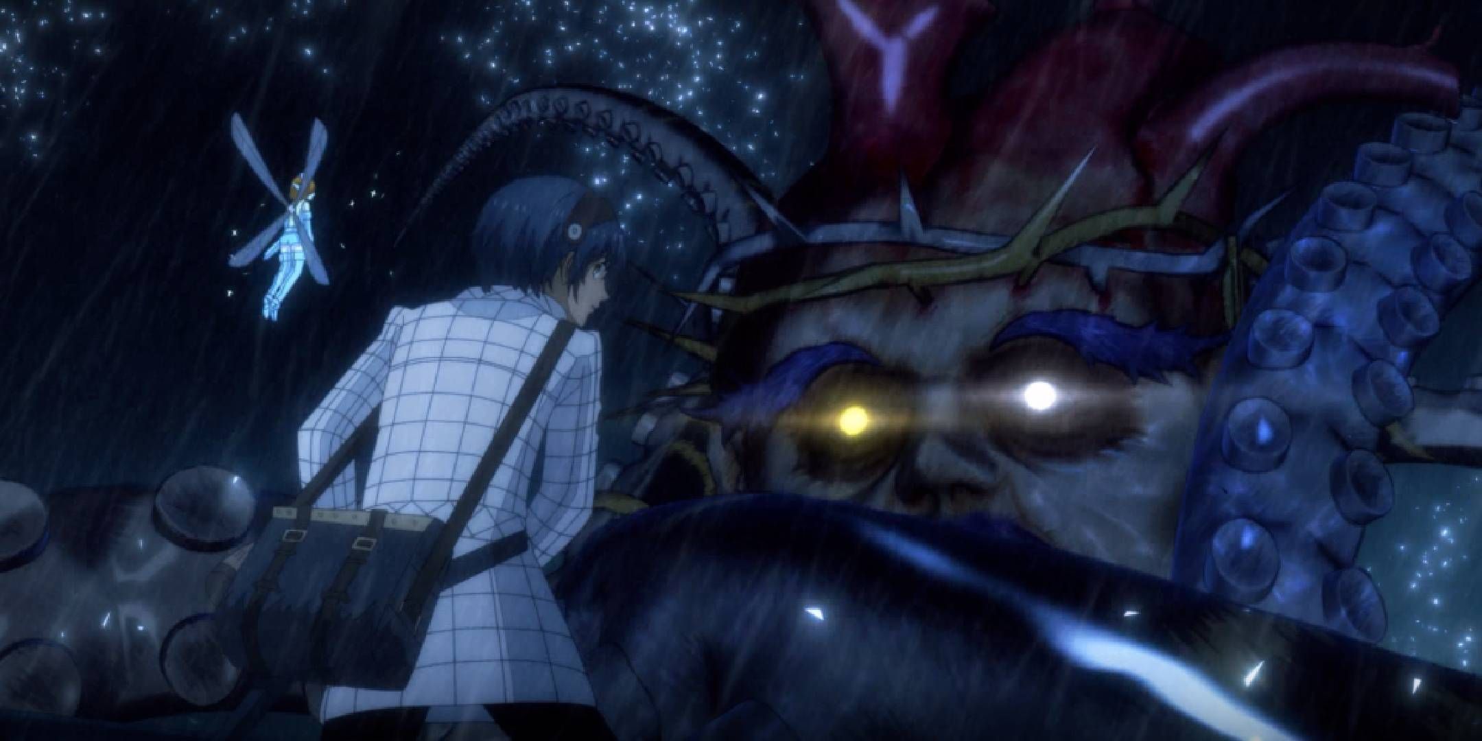 The protagonist and Gallica staring down Homo Sabara in an animated cutscene in Metaphor ReFantazio.