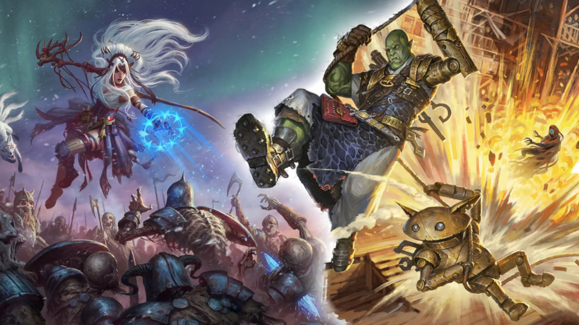 A white-haired woman shoots magical blue energy at a horde of skeletons while an orc man and a robot swing away from an explosion