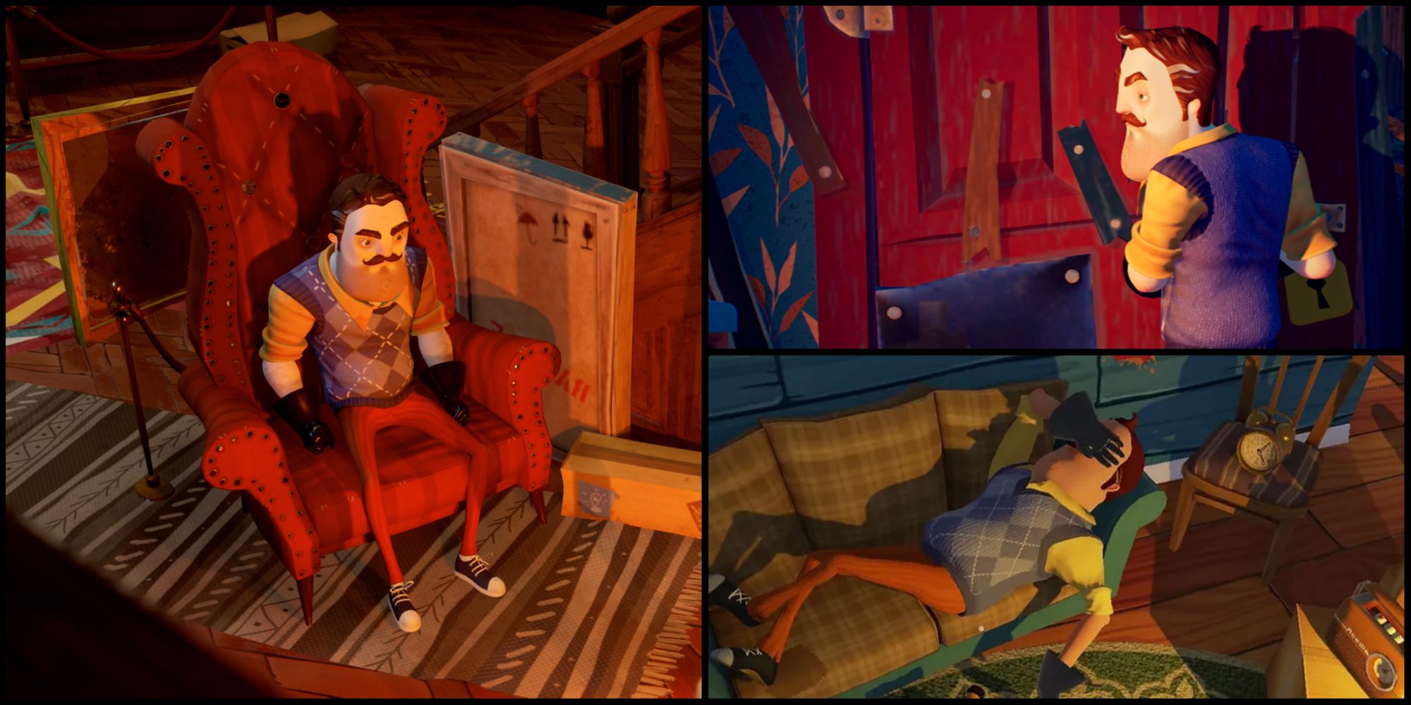 three pictures of the neighbor from Hello Neighbor 1 and 2