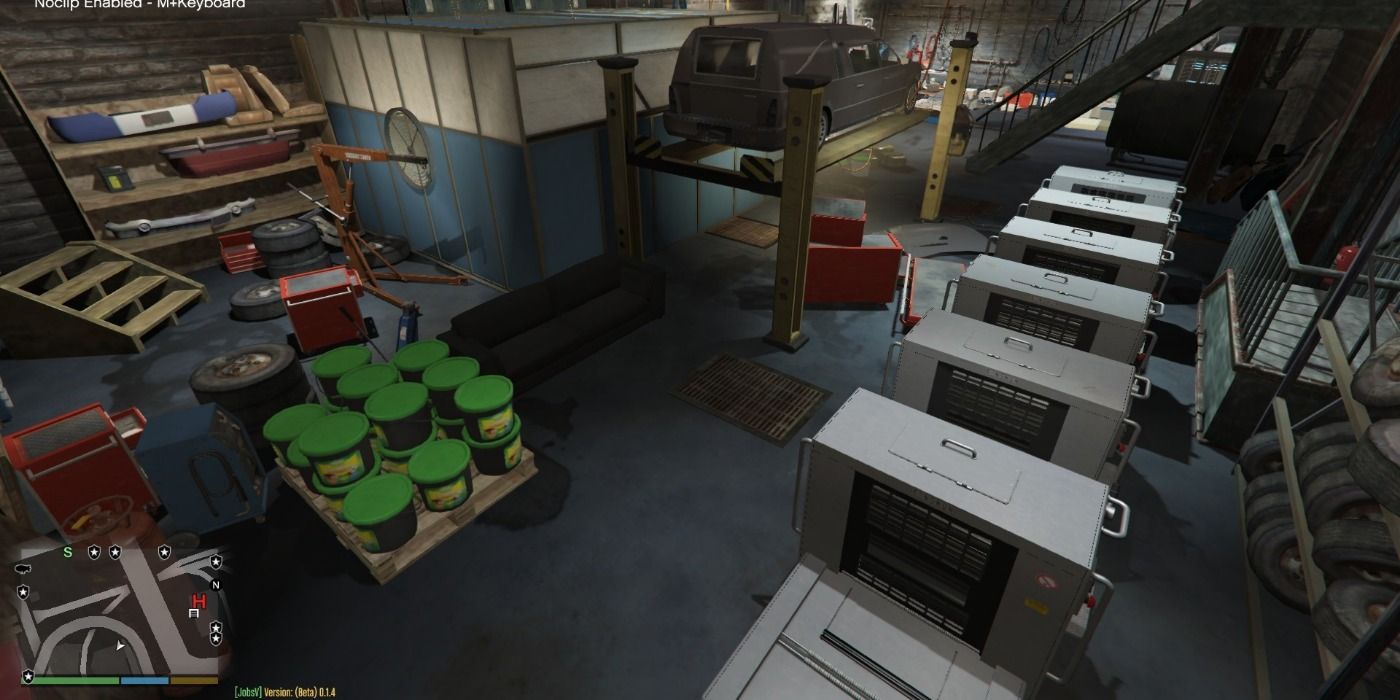 Interior of Trevor's crowded warehouse in Grand Theft Auto 5.