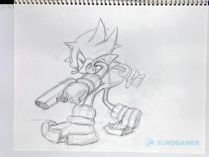 Sketch of Shadow the Hedgehog from behind posing with a gun