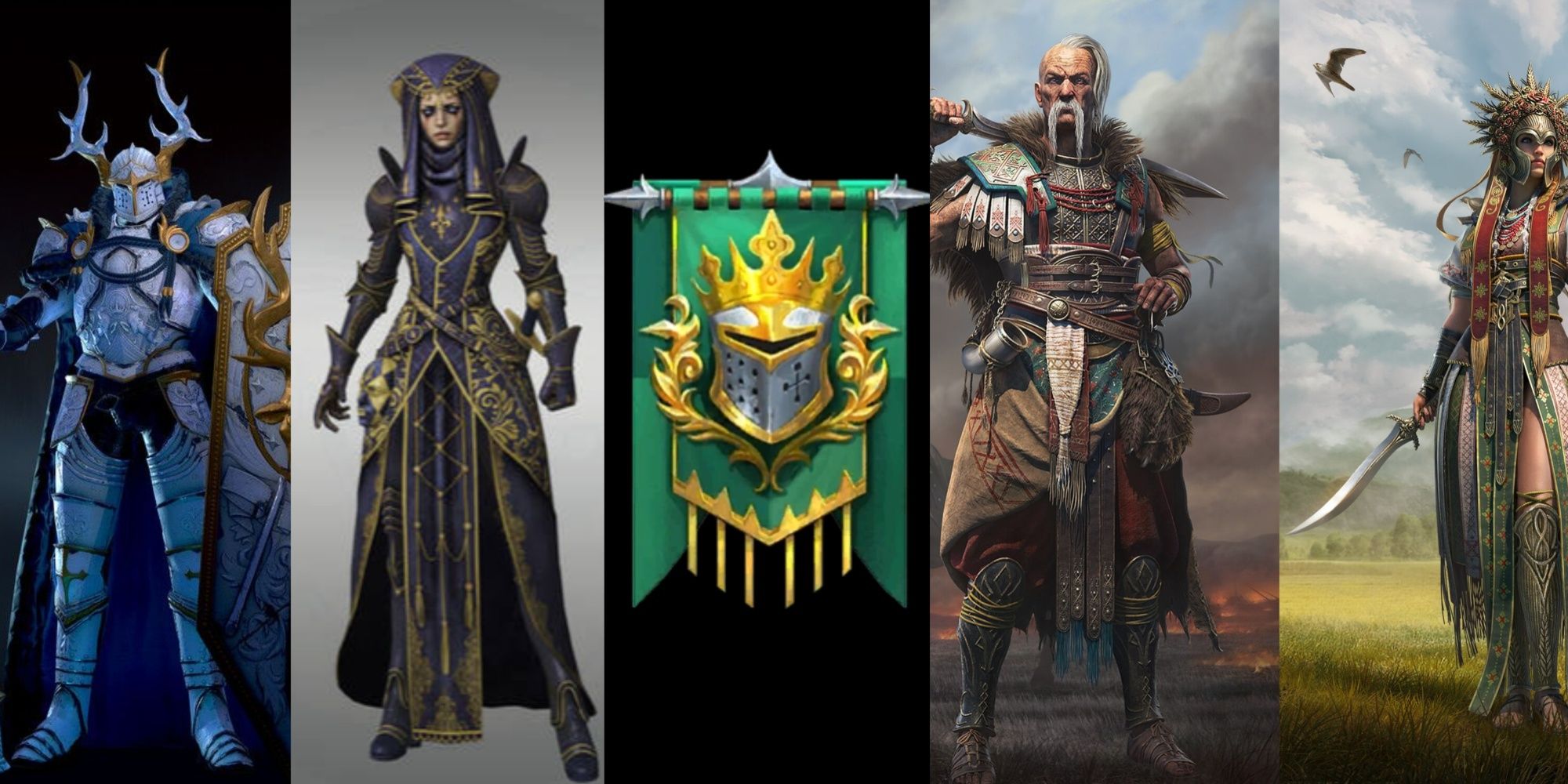 Banner Lords Champions Stag Knight, Ursala, Taras, and Marichka stand surrounding the faction banner in Raid: Shadow Legends.