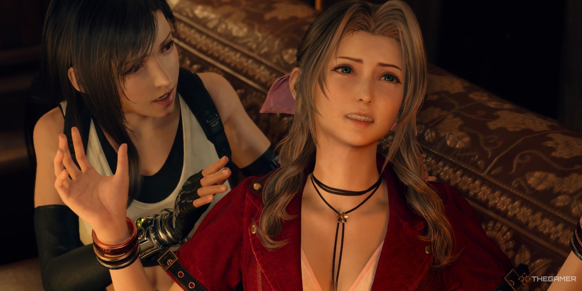 Final Fantasy 7 Rebirth Chapter 1 Tifa tries to give Aerith a back massage