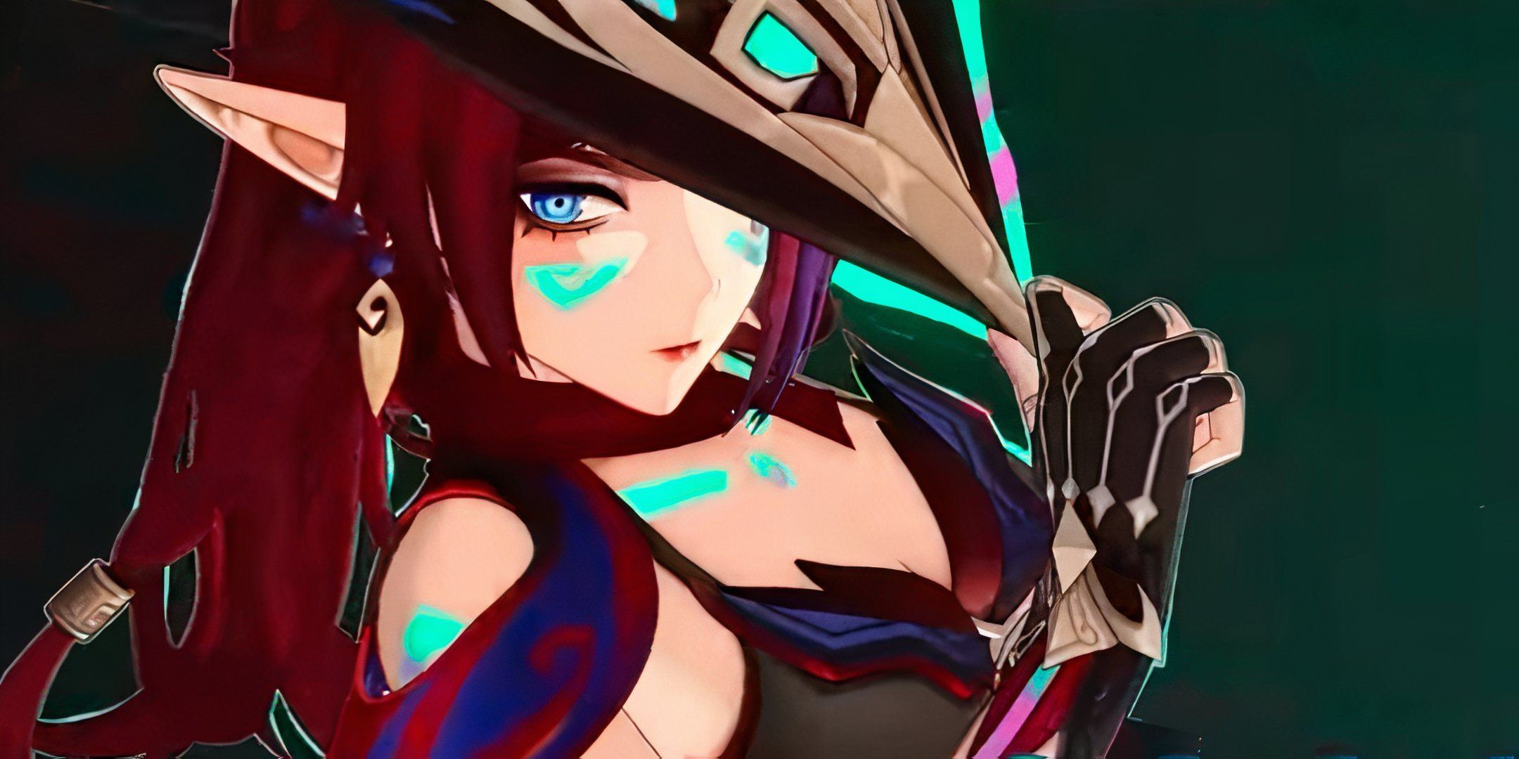 Closeup of Chasca from Genshin Impact holding the tip of her hat and looking at the camera during her Elemental Burst animation.