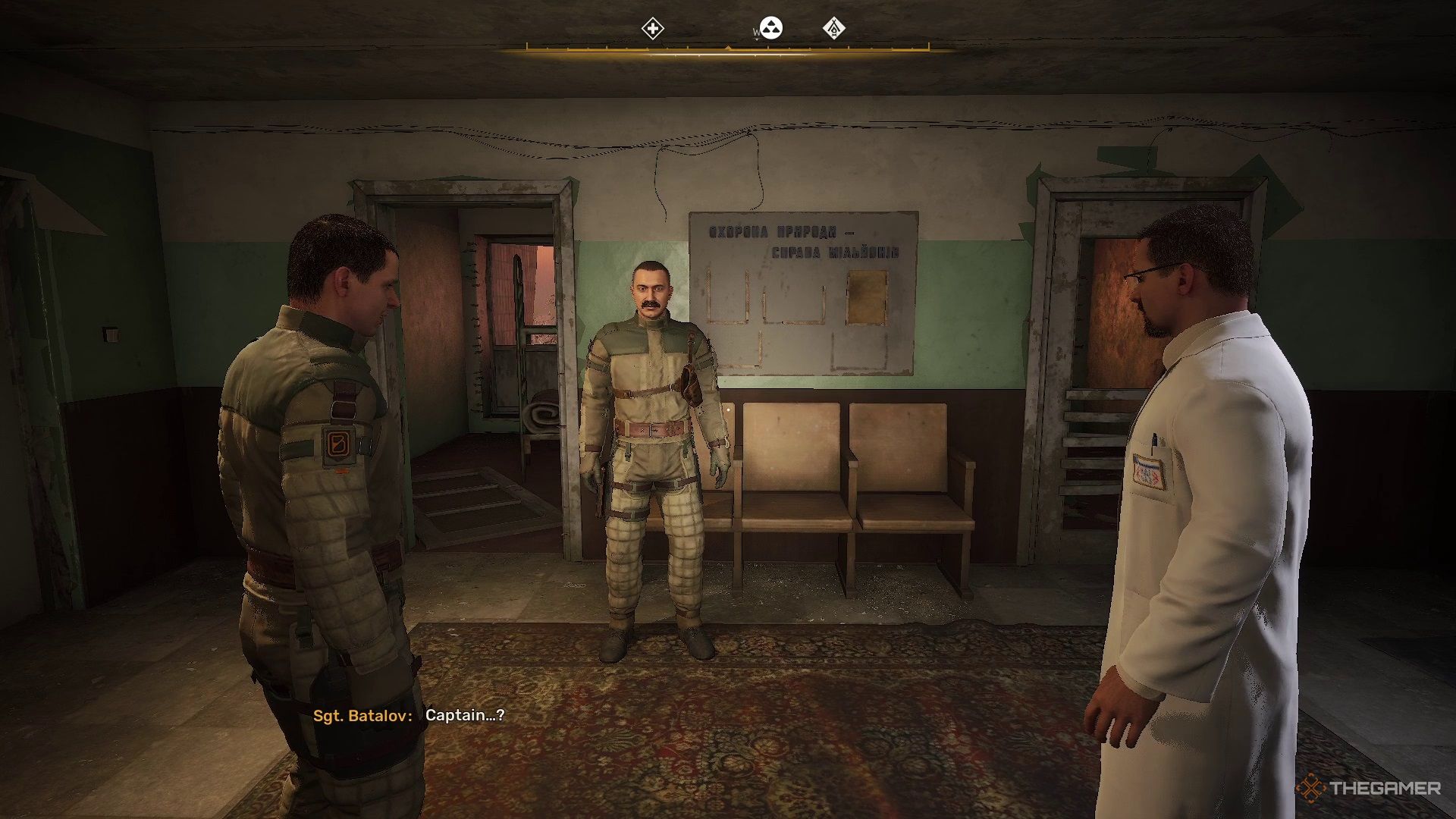 A view of two soldiers and a scientist inside in Stalker 2 Heart of Chornobyl.