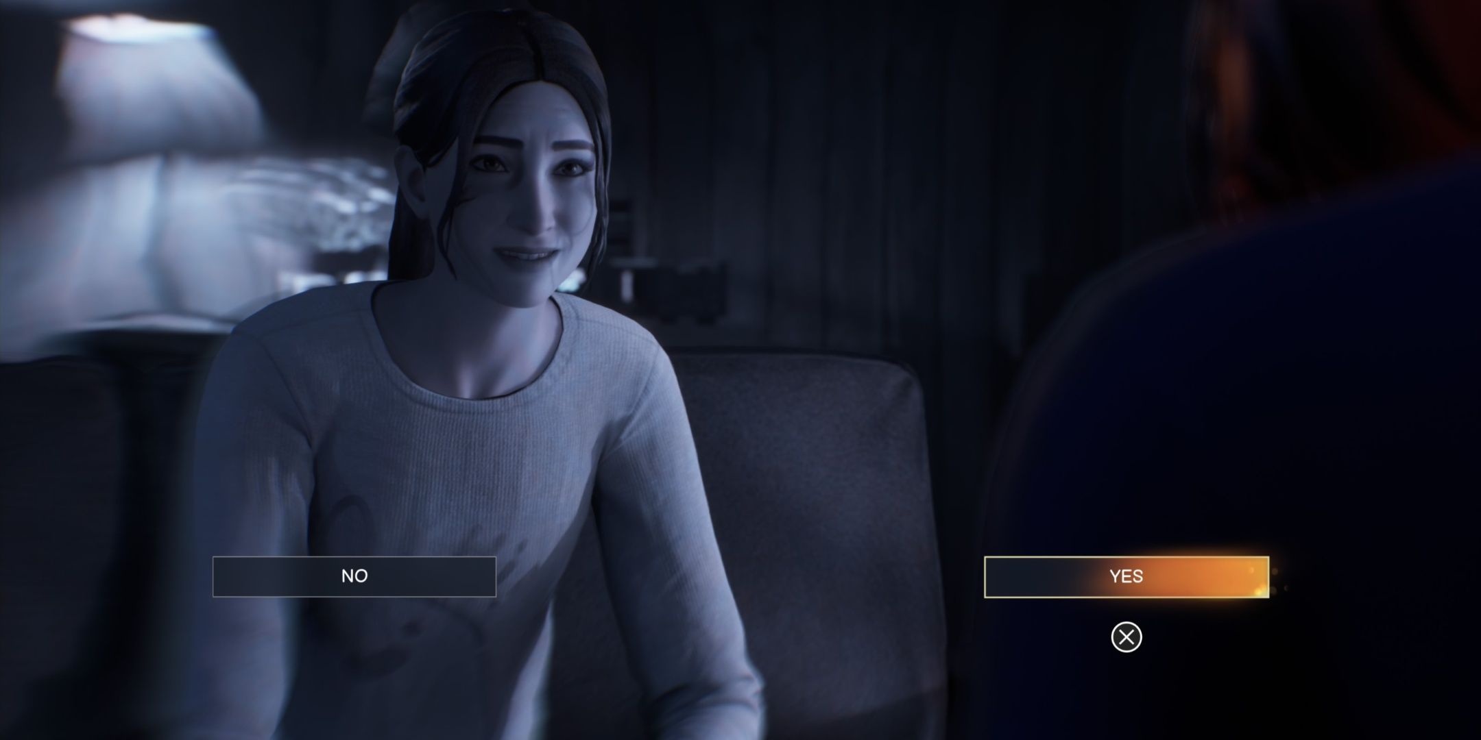 Safi smiling in black and white with the option Yes selected in orange in Life is Strange Double Exposure.