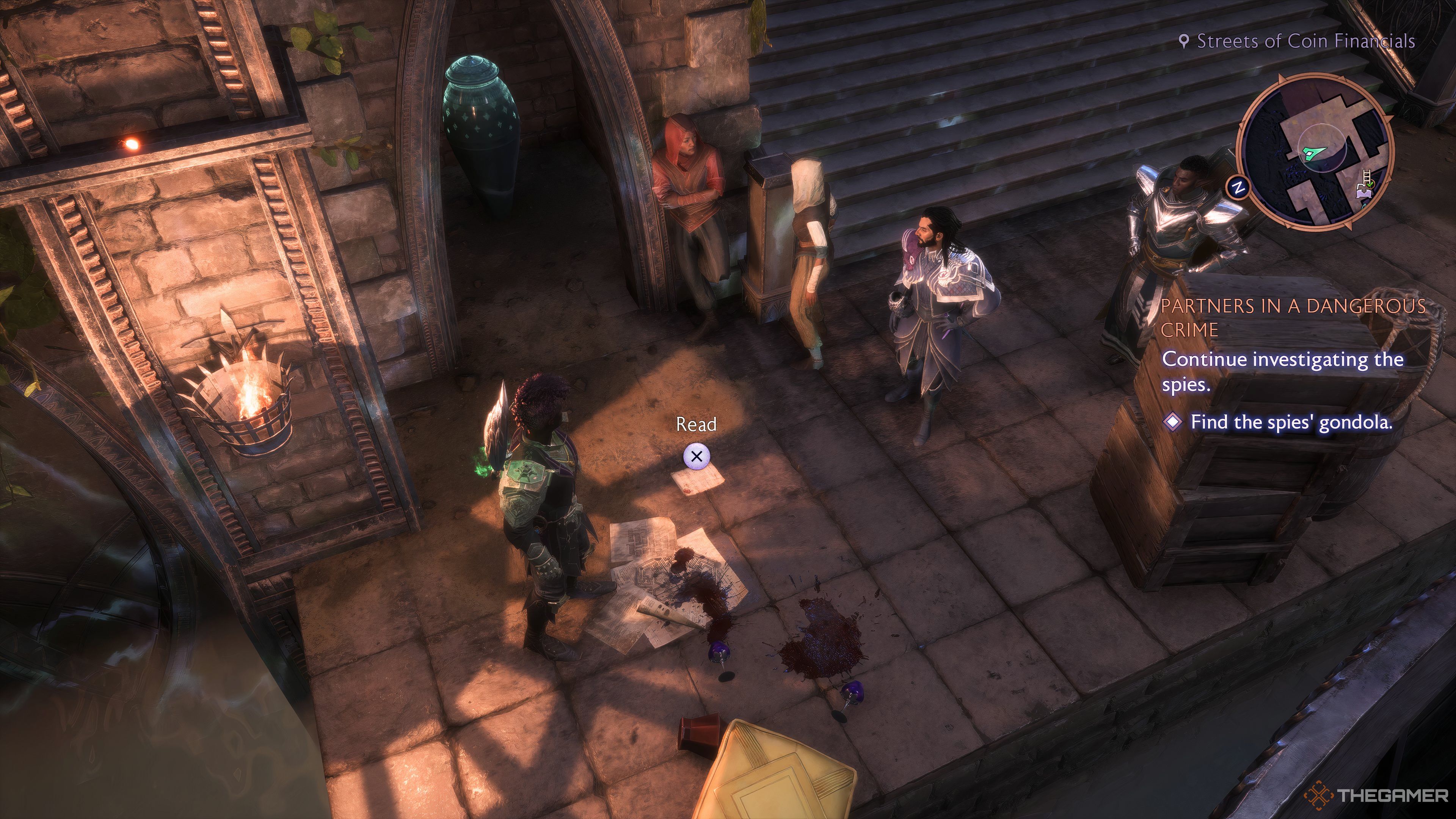 Player Rook, Lucanis, and Davrin standing by a pile of papers with blood on them in Dragon Age: The Veilguard.