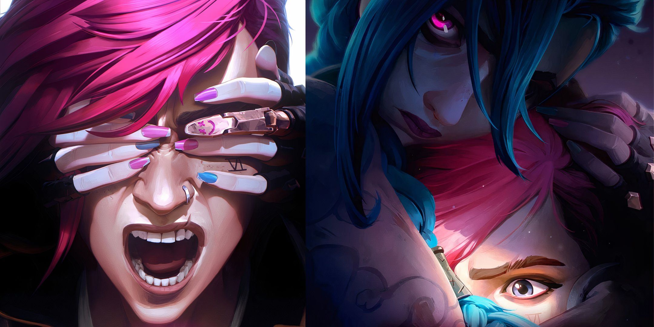 On The Left Is Vi Screaming As Jinx Covers Her Eyes With Her Hands And On The Right Is A Creepy Looking Jinx Holding A Scared Looking Vi.