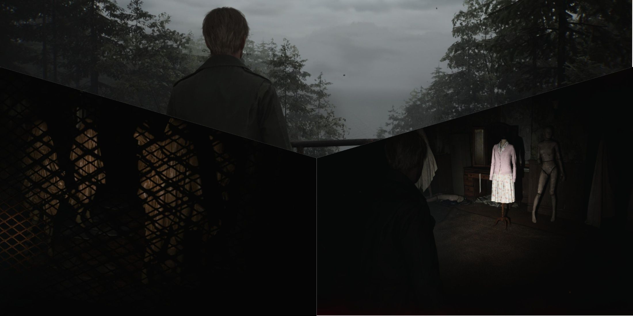 3 Way Silent Hill, James At Toluca Lake Overlook, Vieled Figures Behind Fence, Marys Clothes