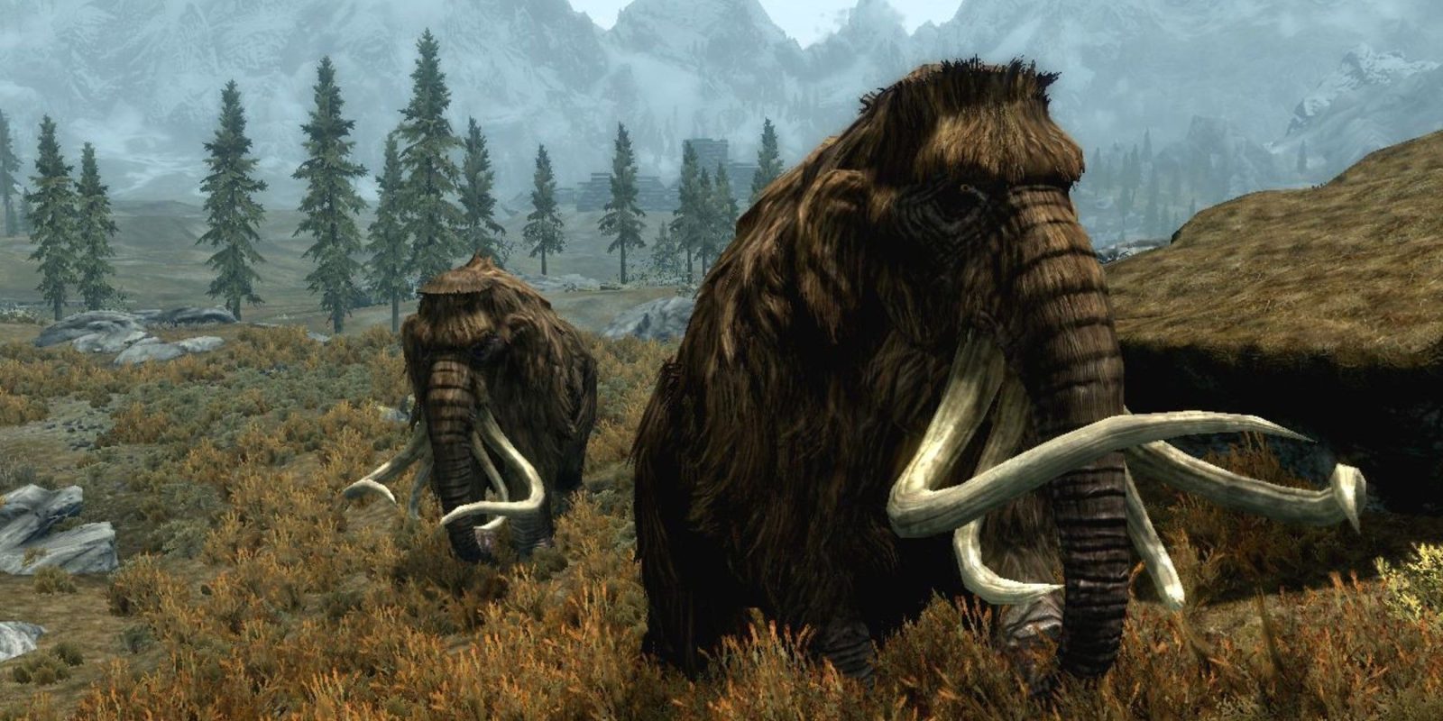 Skyrim Player Shares Stunning Painting of a Mammoth and Dragon Battle