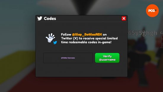 The Slap Battles codes redeem screen. You need to verify your Twitter account before you can enter codes.