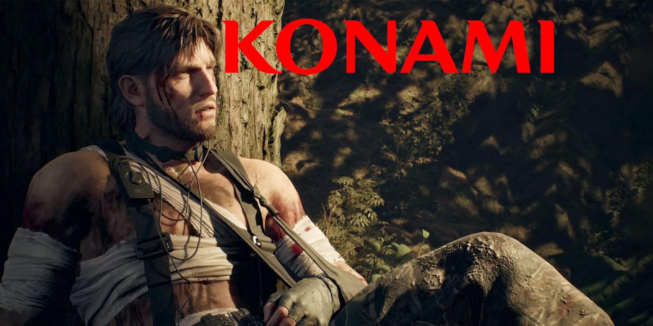 Metal Gear Solid Delta Snake Eater gameplay screenshot Naked Snake injured leaning on tree next to red Konami logo 2x1 composite