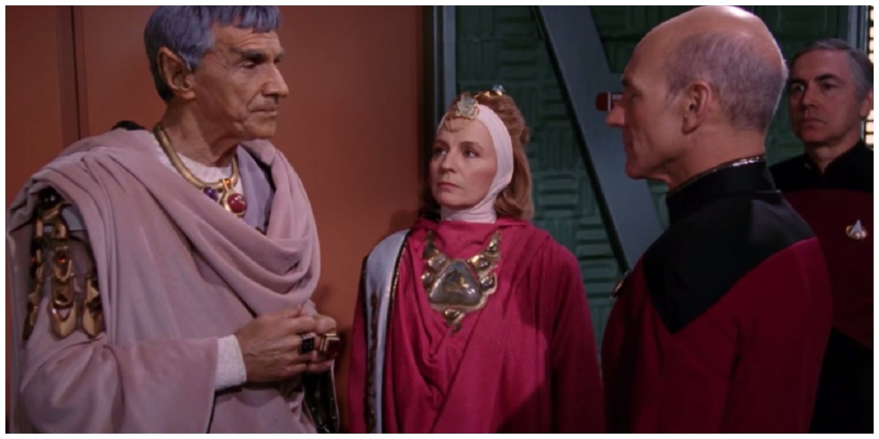 Mark Lenard as Sarek. Patrick Stewart as Captain Jean-Luc Picard.