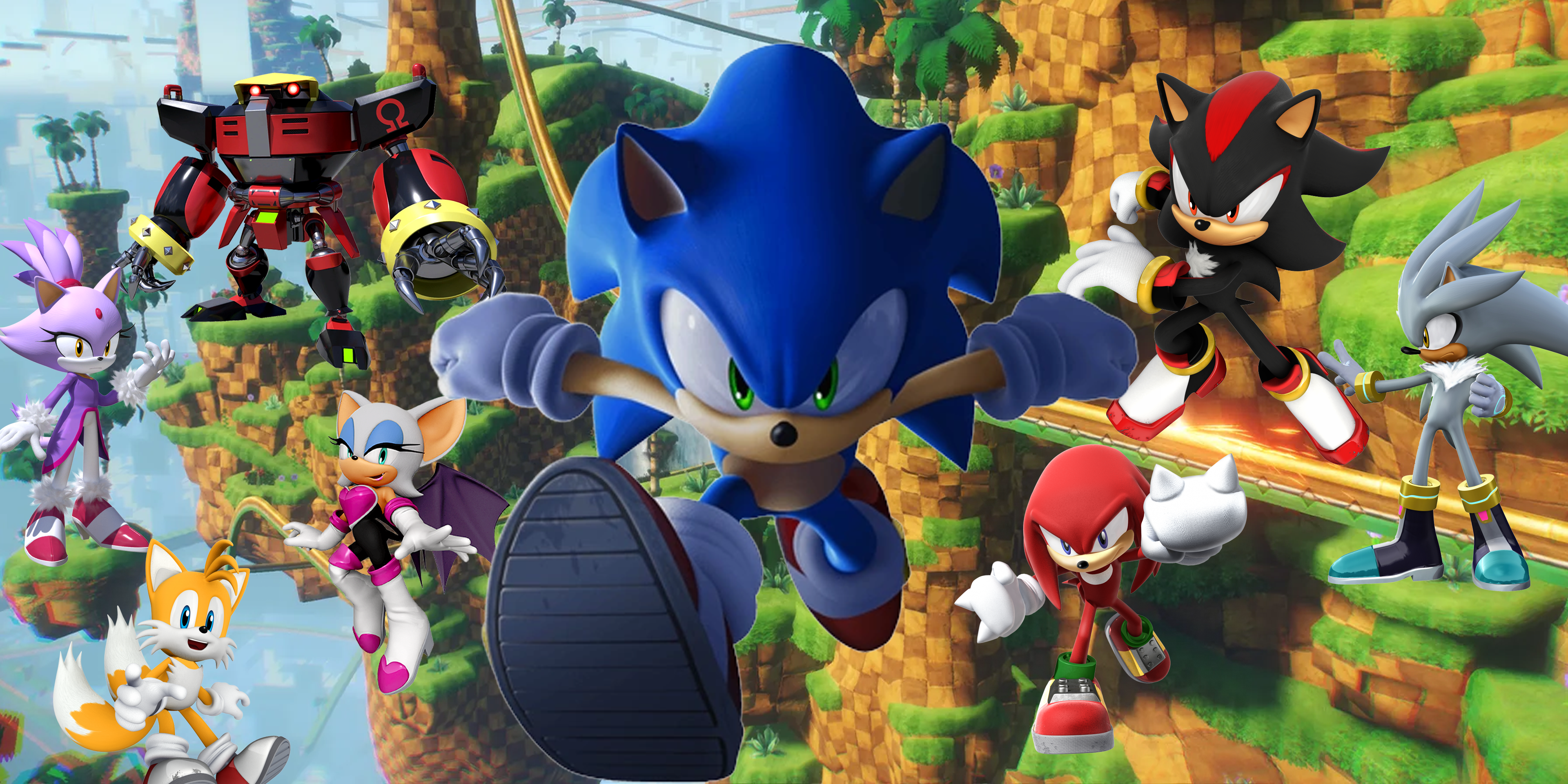 Multiple sonic characters' key art against green hill zone background