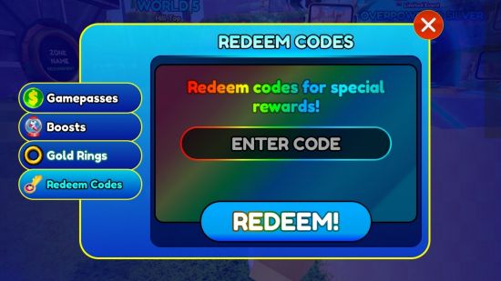 The menu to redeem Sonic Speed Simulator codes