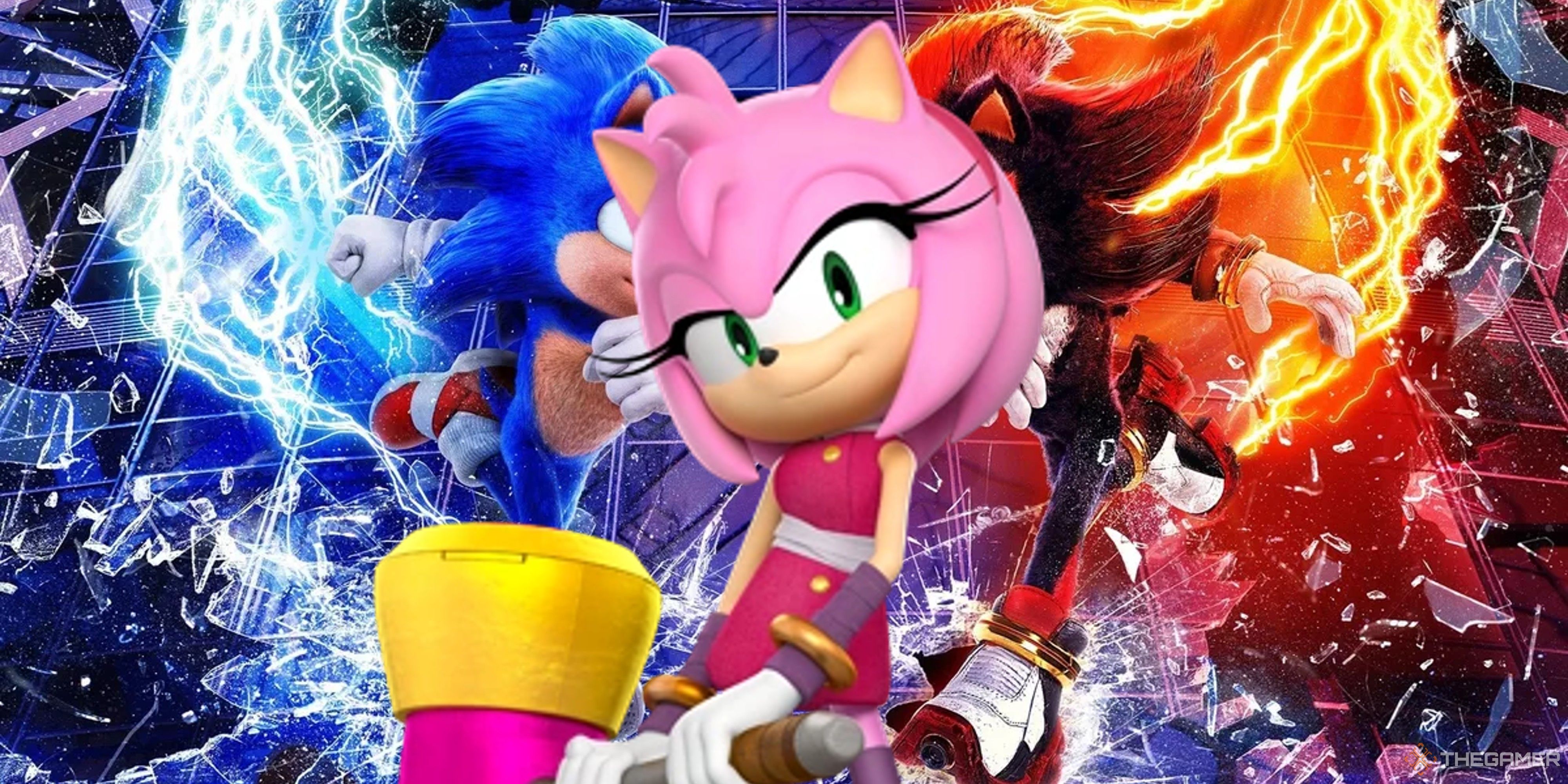 amy standing in front of sonic and shadow fighting in sonic 3.